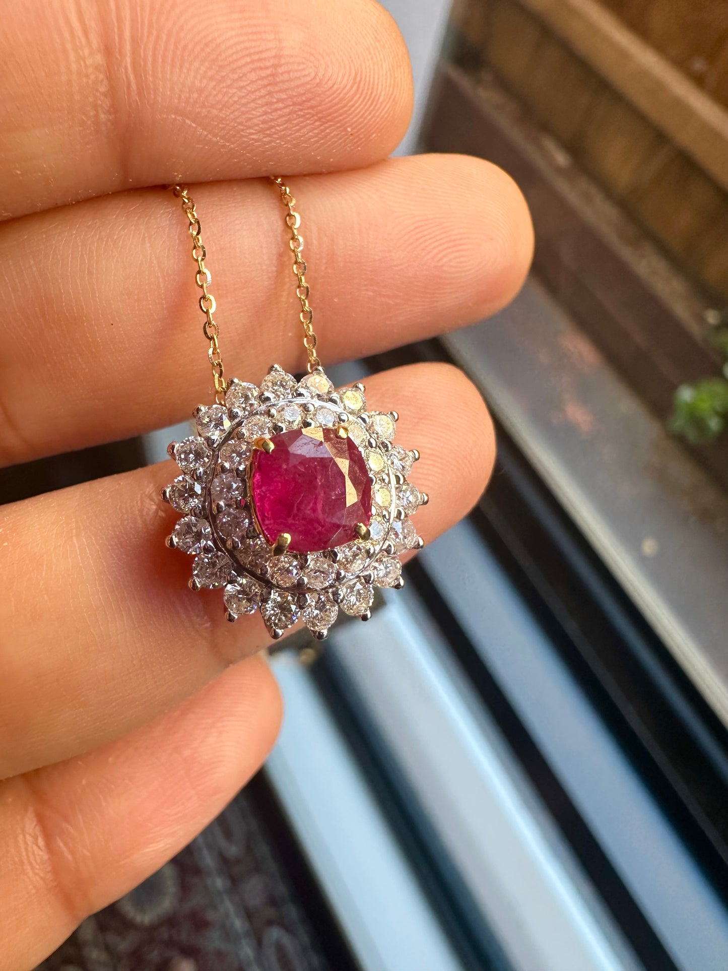 Two Halo Brilliance: Natural Diamonds & Natural Unheated Burmese Ruby (1CT) Pendant with Solid Gold Chain