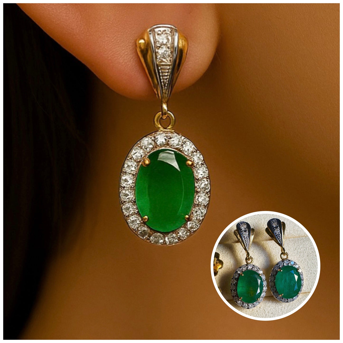 Timeless Natural Emerald & Diamond Dangle Earrings in 20K Solid Gold