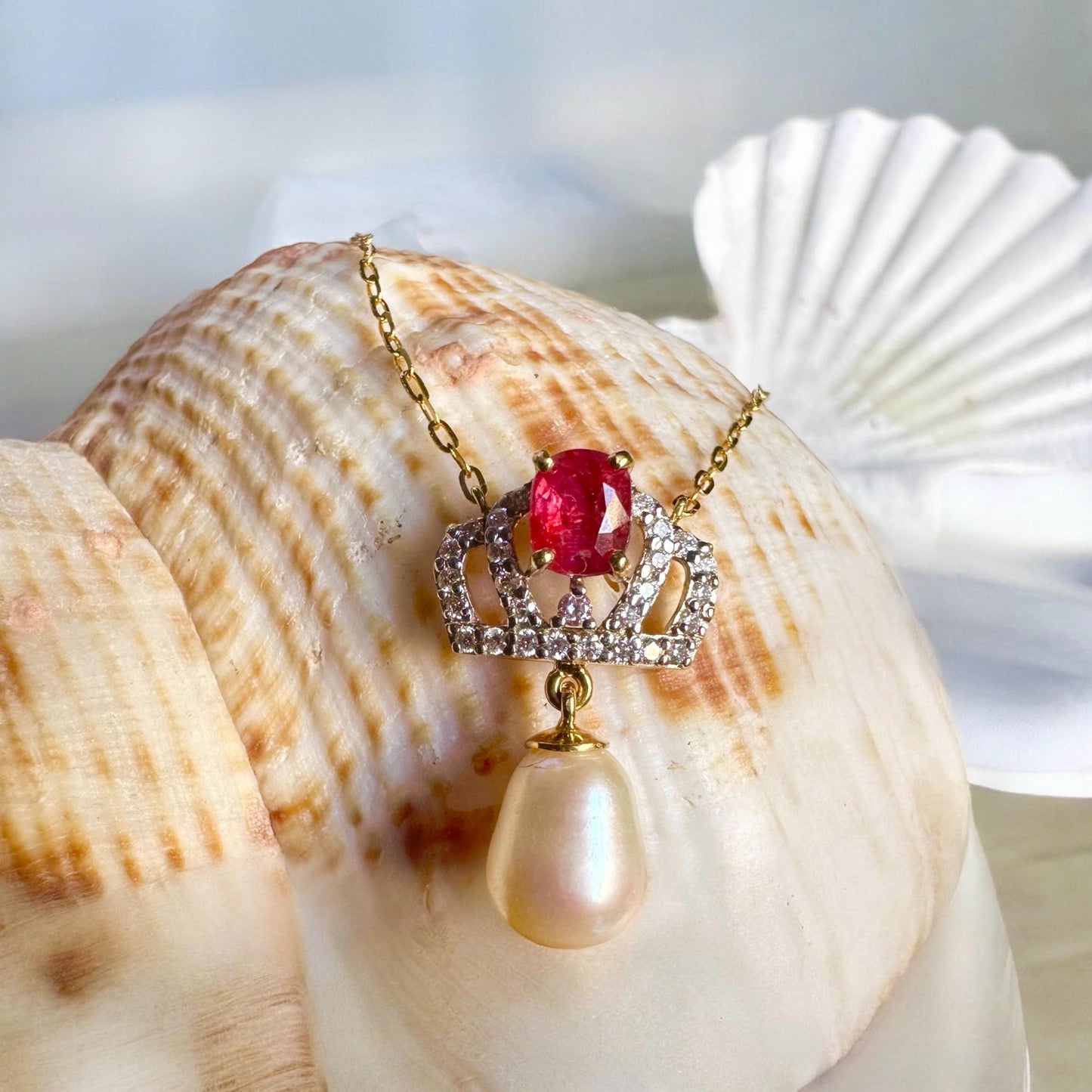 Pendant featuring a combination of Natural Unheated Ruby, South Sea Cultured Pearl and Natural Diamonds in 18K Solid Gold.