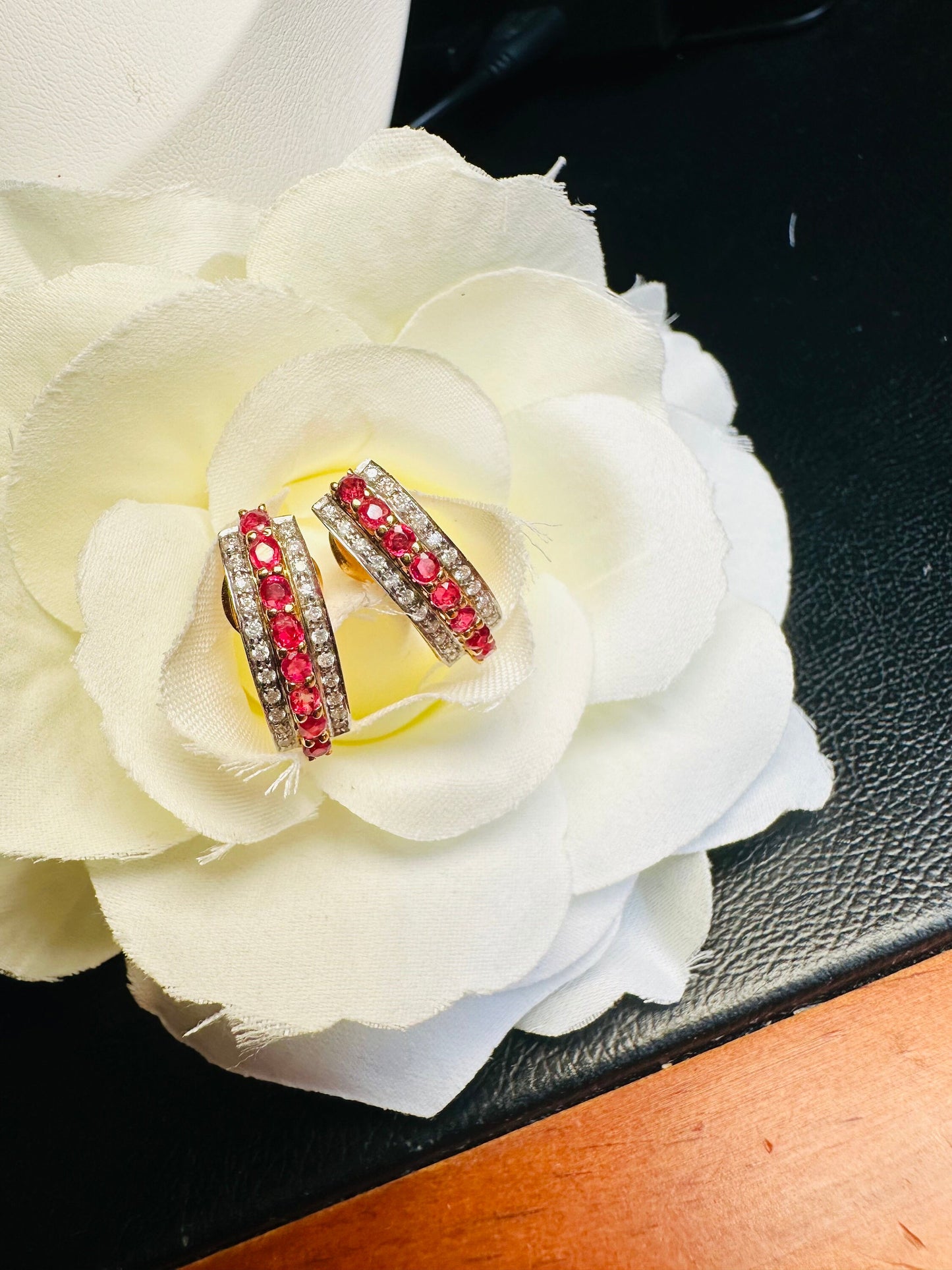 21K Gold with Nature Unheated Burmese Ruby and Diamond Earrings