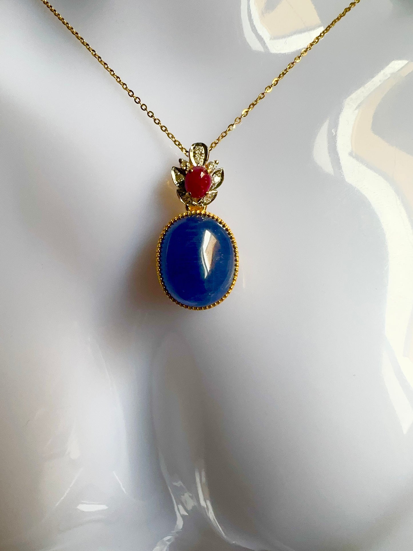 Natural Unheated Large Size Sapphire Cabochon (16CT) with natural Ruby and Natural Diamond Pendant in 20K gold