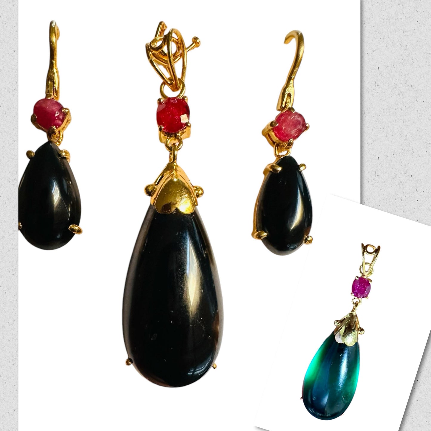HighQuality Natural Burmese Black Jadeite Jade(Type A) Pendant and Earrings(TW 20.93CT)with Natural Burmese Ruby in 20K Solid Gold.