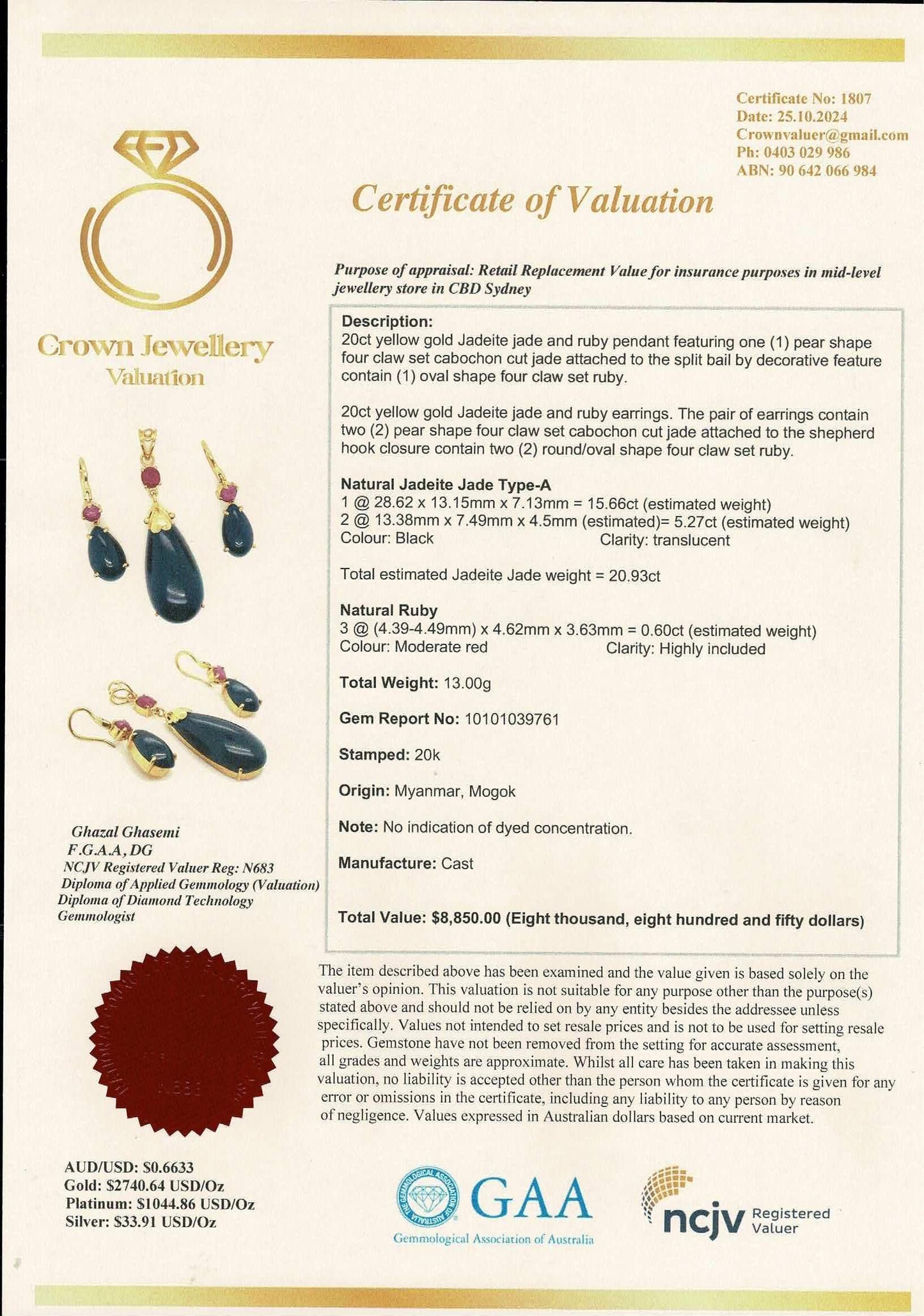 HighQuality Natural Burmese Black Jadeite Jade(Type A) Pendant and Earrings(TW 20.93CT)with Natural Burmese Ruby in 20K Solid Gold.