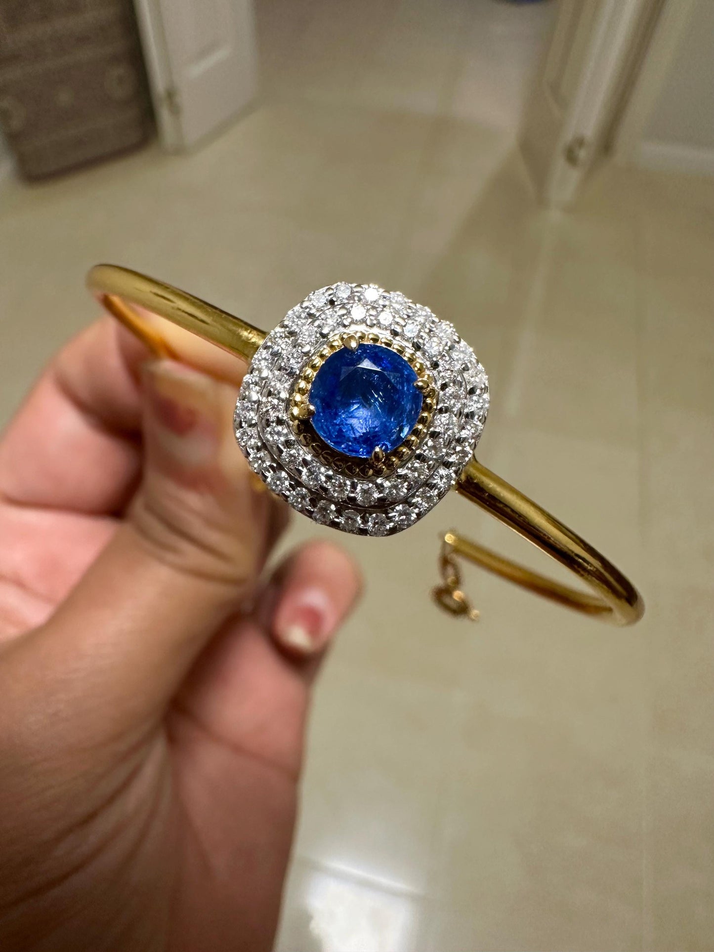Natural Unheated Burmese Sapphire and Natural Diamonds Bangle in 18K Solid Gold