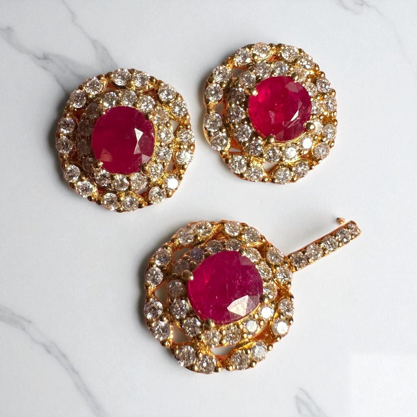 2 Full Carats of Natural Unheated Burmese Ruby & Diamond Halo Earring Set (Matching Pendant Available)