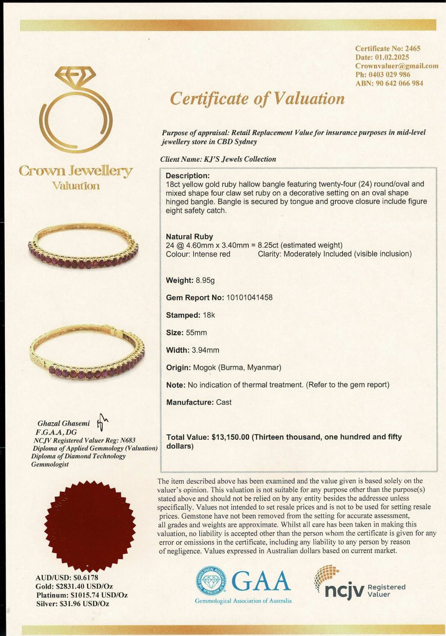 Natural Unheated Burmese Rubies (8.25CT) Bangle in 20K Solid Gold