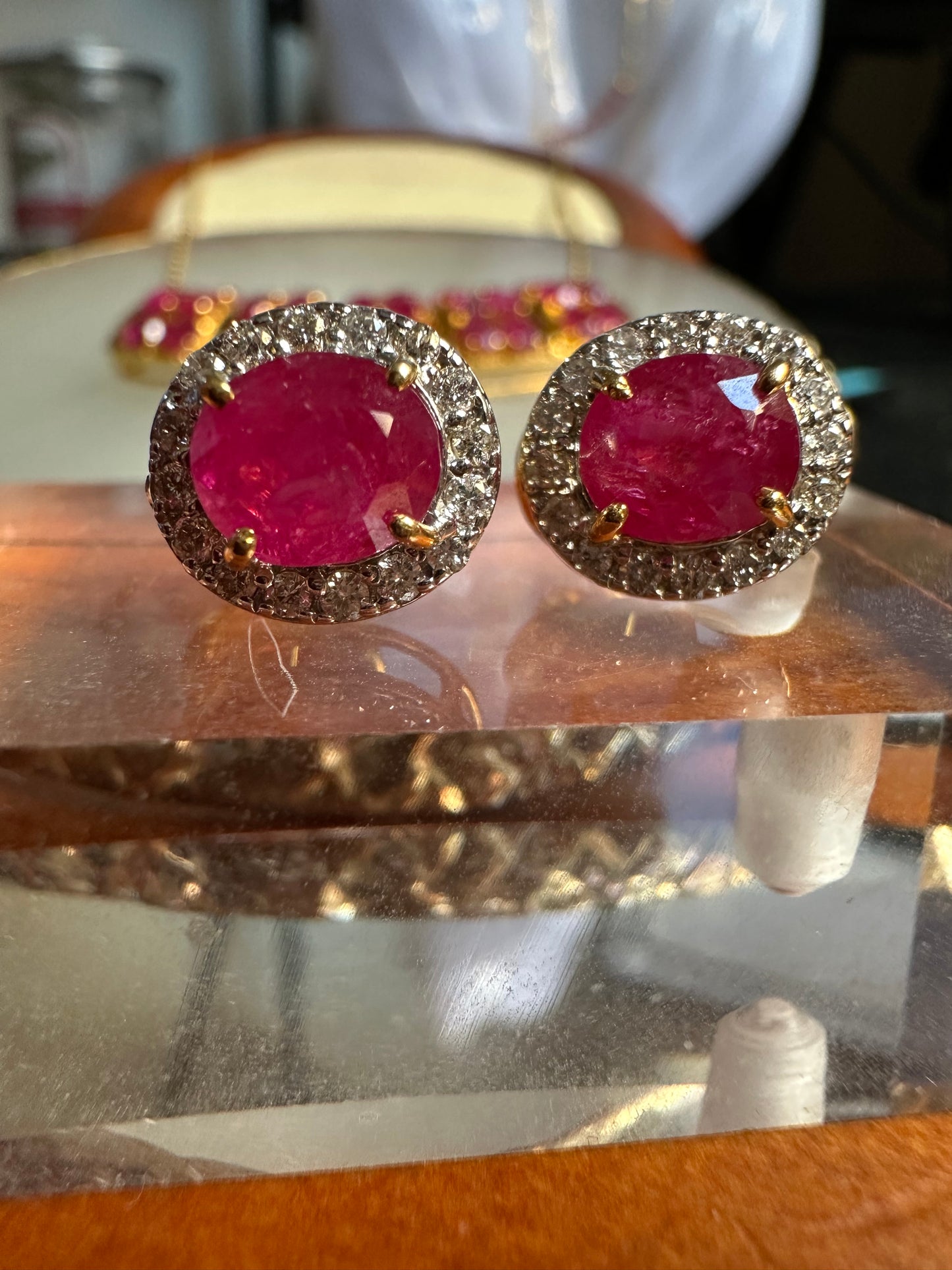 Natural unheated Burmese rubies (2.4CT) and natural diamond drop earrings in 20K solid gold