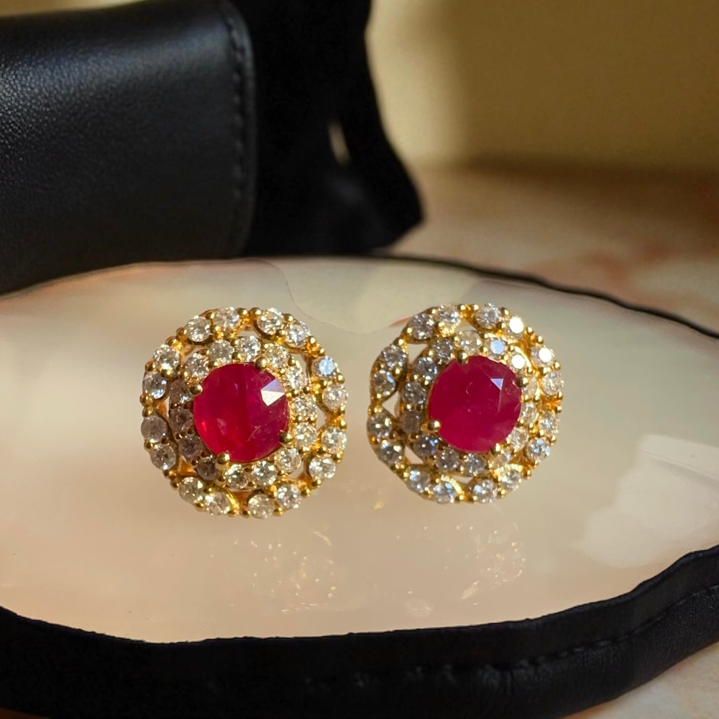 2 Full Carats of Natural Unheated Burmese Ruby & Diamond Halo Earring Set (Matching Pendant Available)