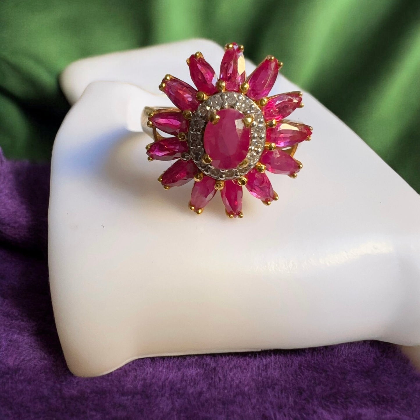 Vintage Sunflower Design Burmese Natural Unheated Ruby (2.65CT) and Diamonds Ring in 20K Solid Gold