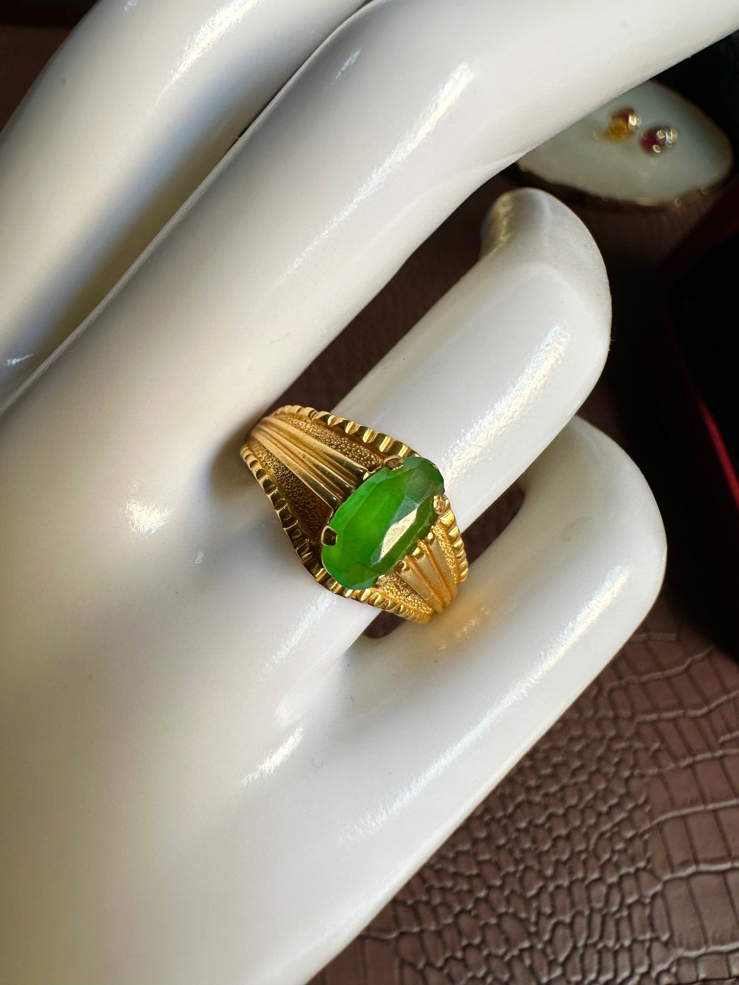 Unisex Ring - Apple Green Natural Untreated Burmese Jadeite Jade (Type A) in 22K Solid Gold.