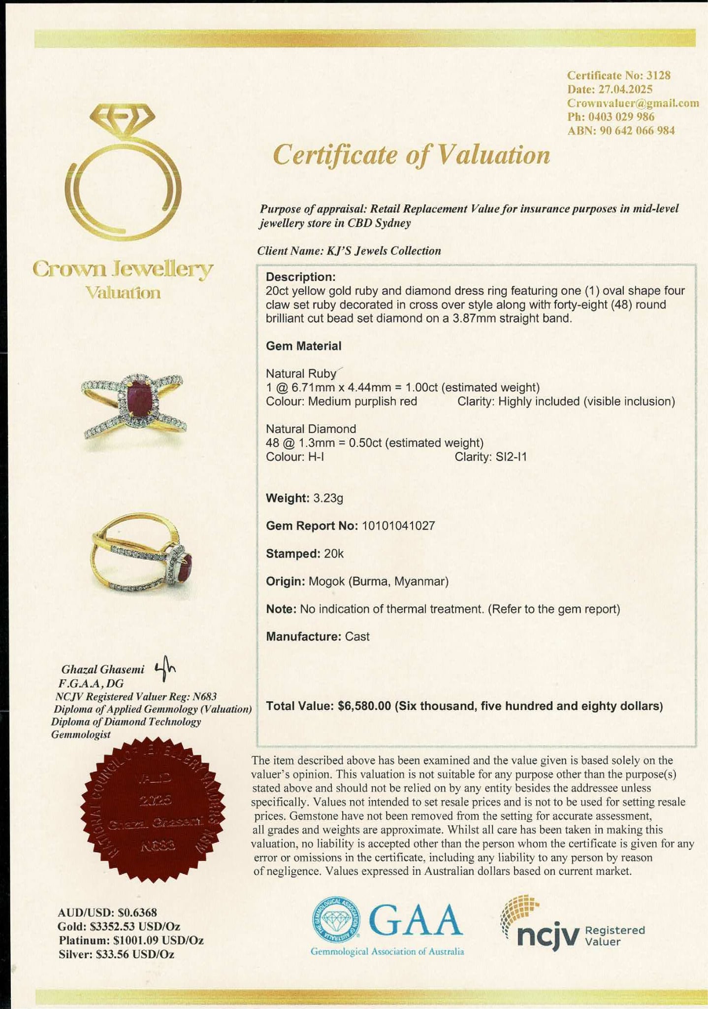 Beautiful Burmese Natural Unheated Ruby (1.0CT) and Natural Diamonds Ring in 20K Solid Gold