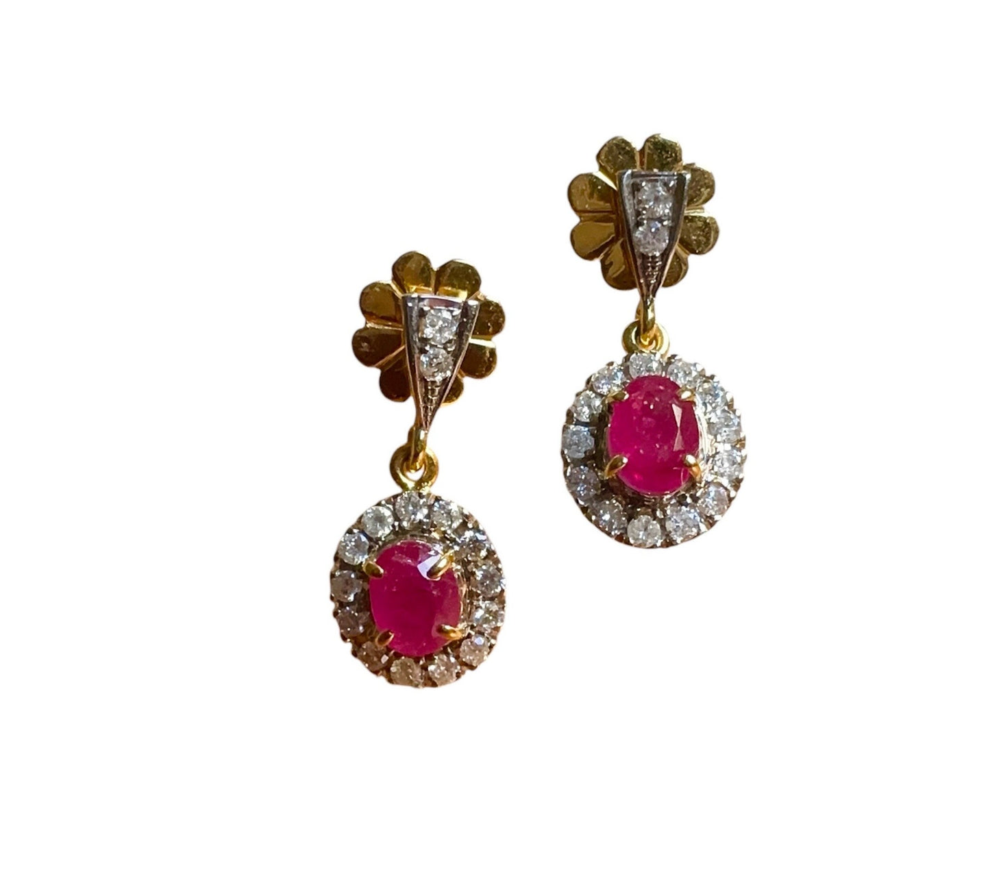 Teardrop style Natural unheated Burmese ruby and natural diamond earrings in 20K solid gold