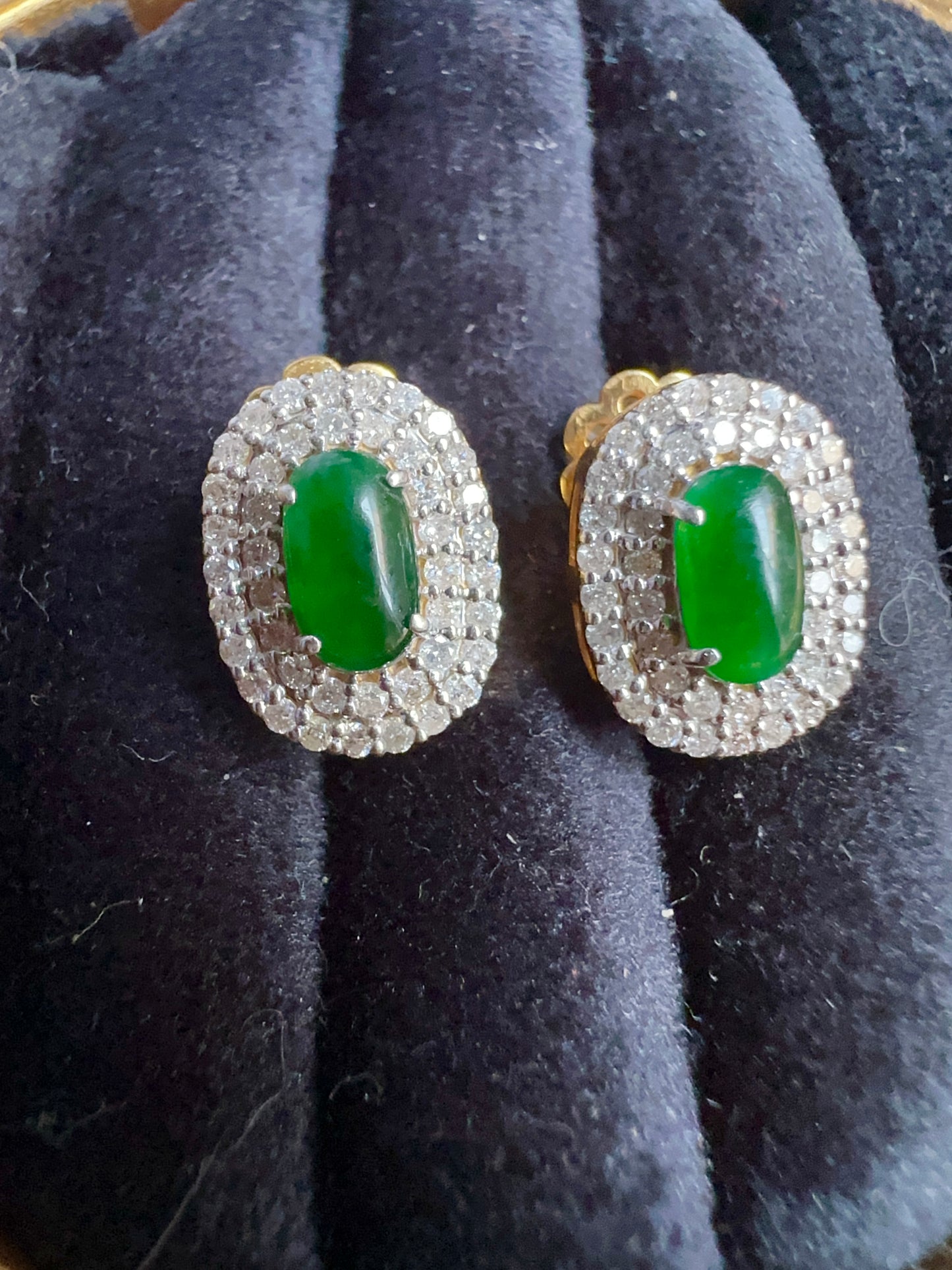 Burmese Jadeite Jade with Natural Diamonds Earrings in Solid Gold