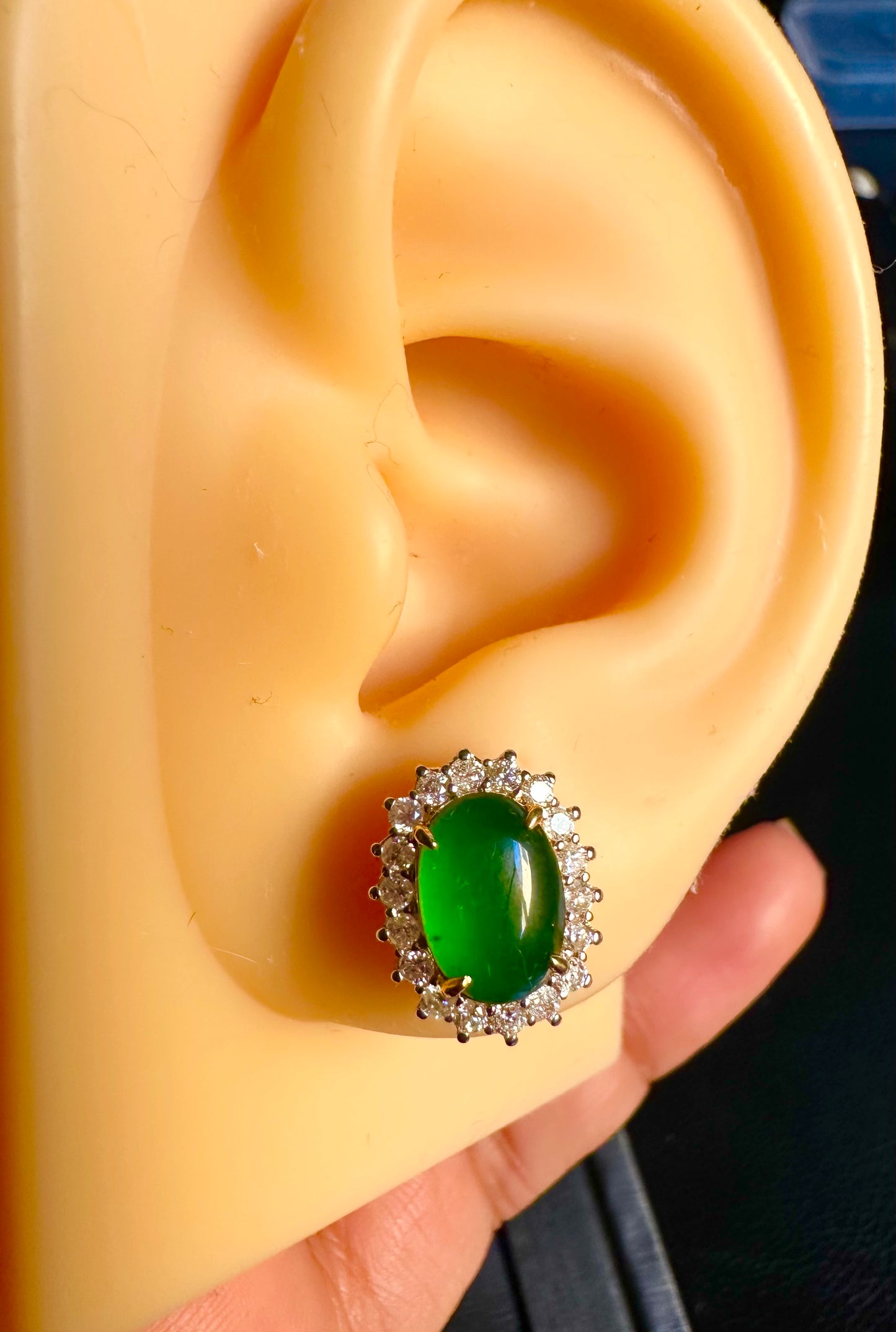 Diana-Style Earrings - Burmese Jadeite Jade with Natural Diamonds Earrings in Solid Gold
