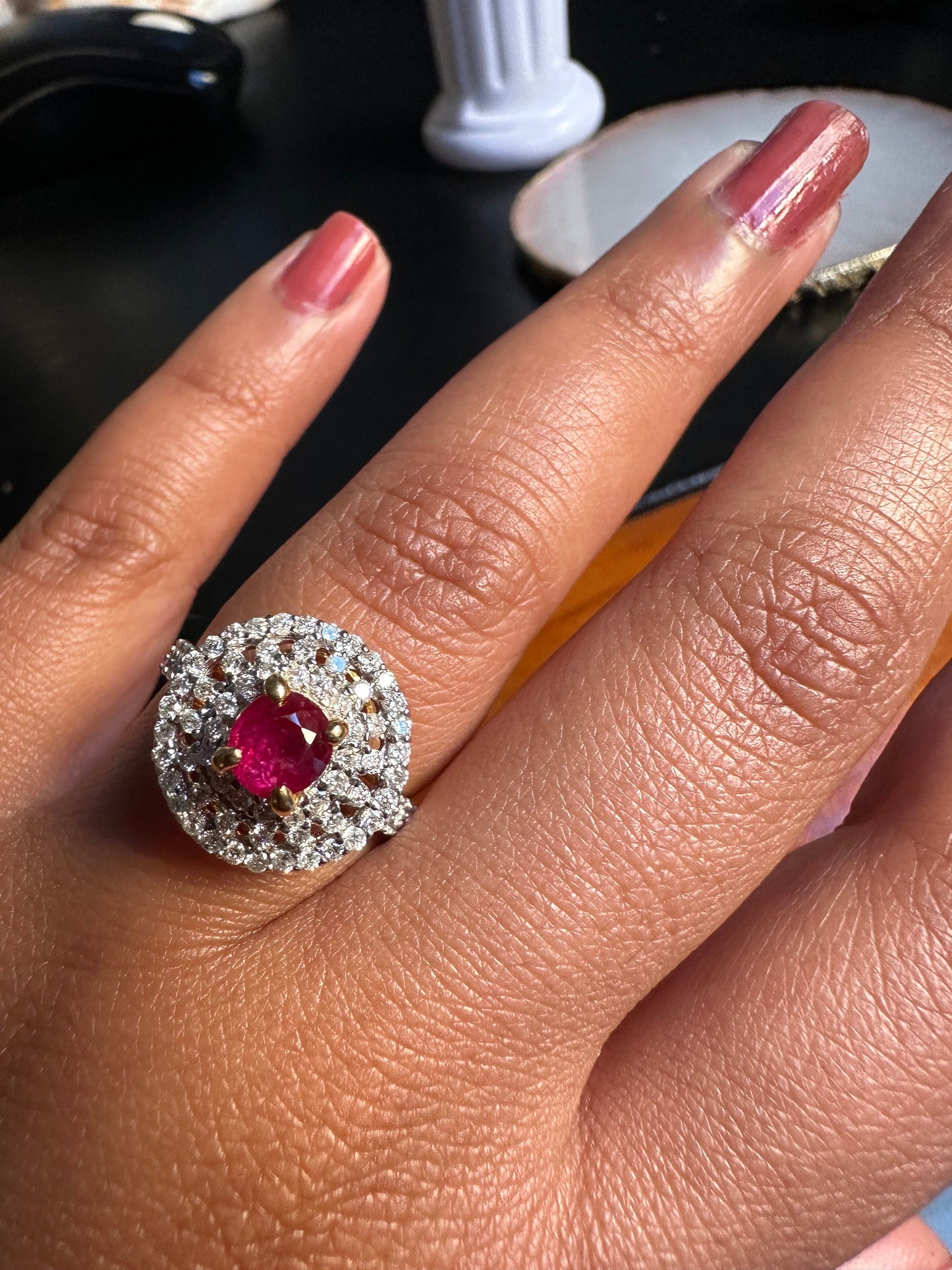 Burmese Natural Unheated Ruby (1.04CT) and Natural Diamonds Ring in 18K Solid Gold
