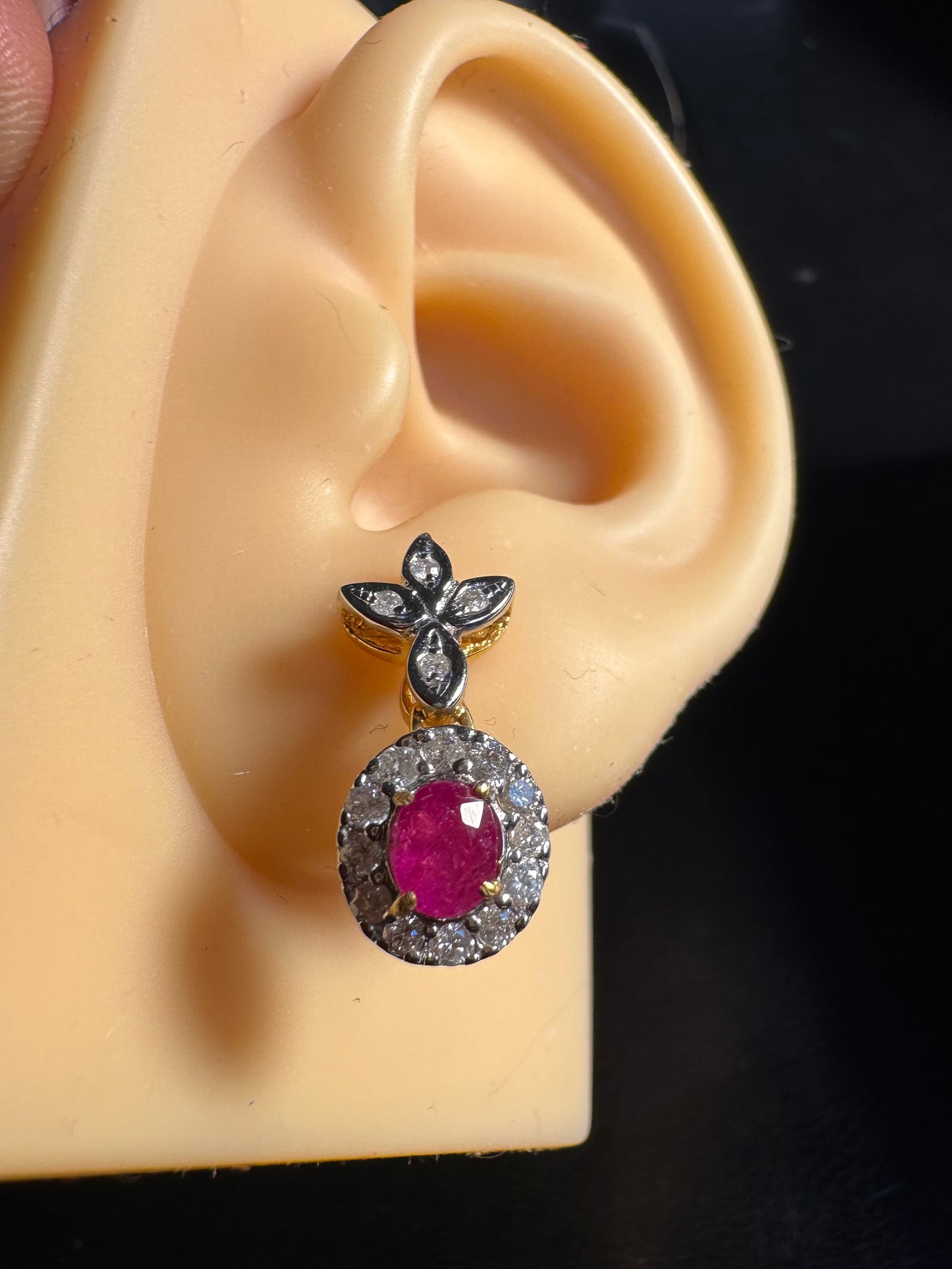 Natural unheated Burmese rubies (1.55CT) and natural diamond drop earrings in 20K solid gold