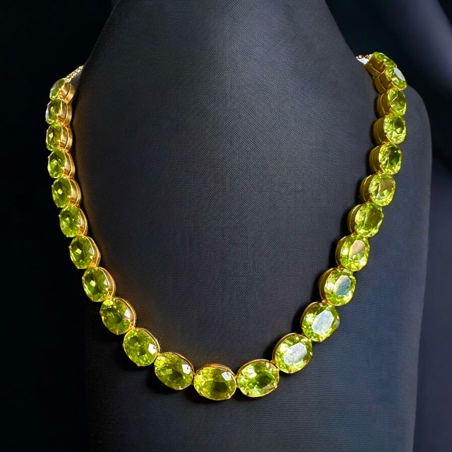 Natural Unheated Burmese Peridot (31.55 CT) Tennis Necklace in 18K Solid Gold