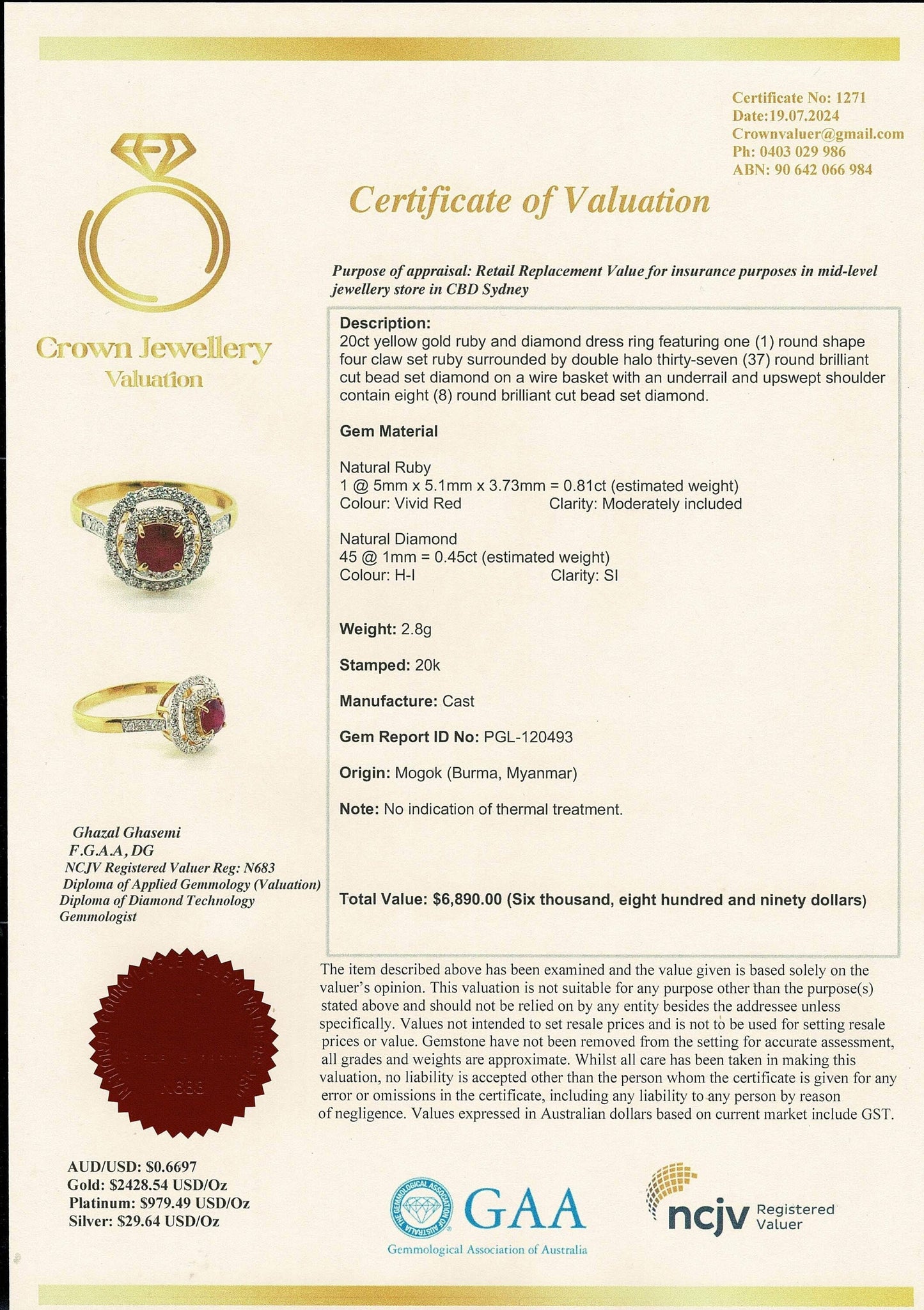 Burmese Natural Unheated Ruby and Natural Diamonds Ring in 20K Solid Gold