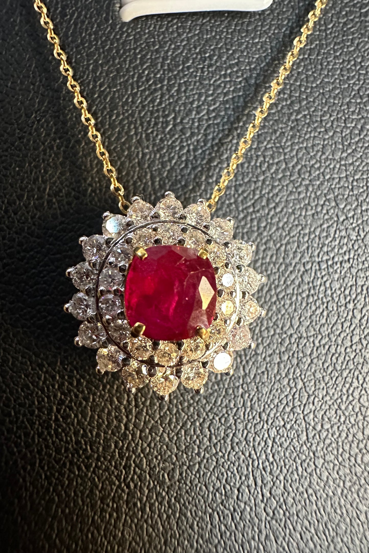 Two Halo Brilliance: Natural Diamonds & Natural Unheated Burmese Ruby (1CT) Pendant with Solid Gold Chain