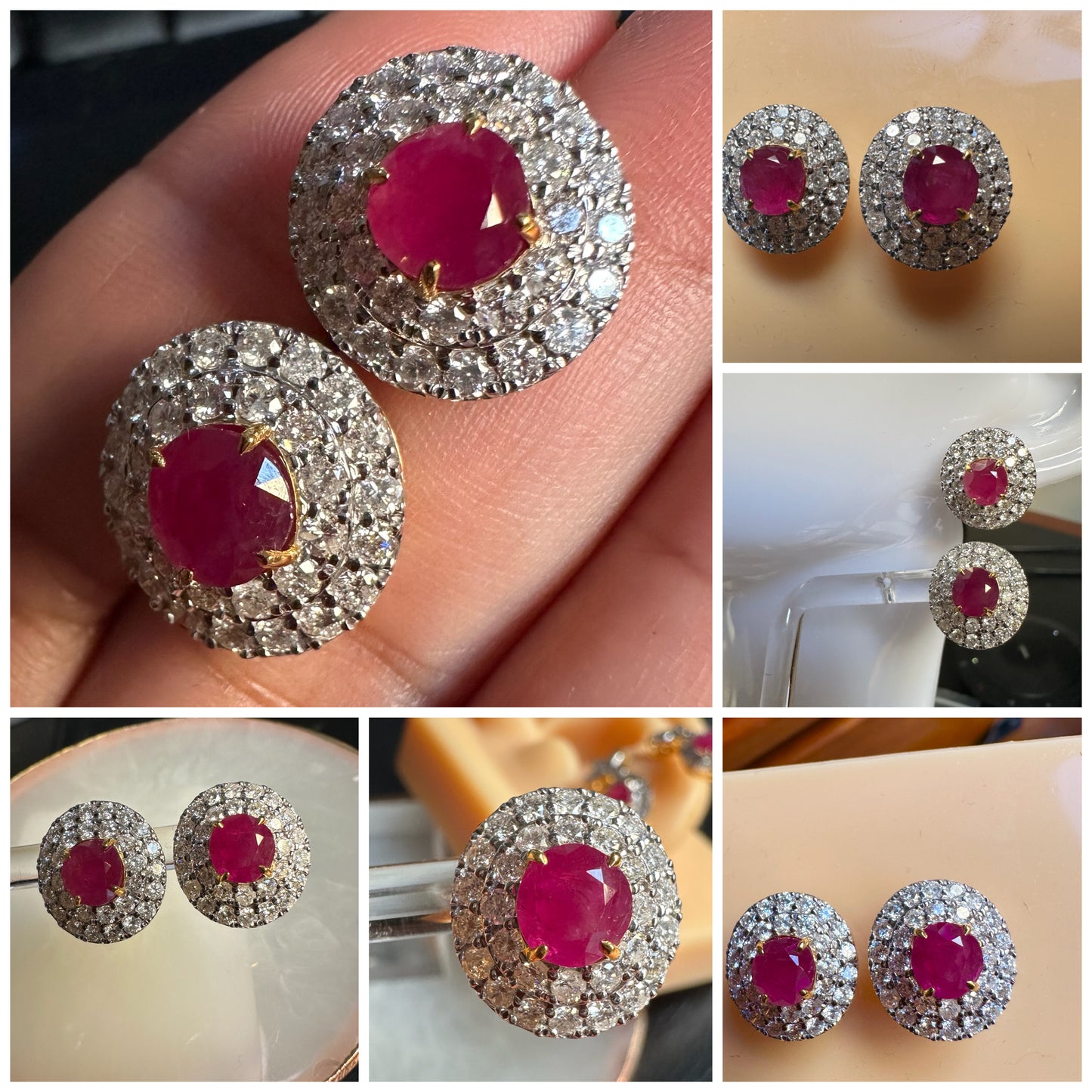 Natural unheated Burmese rubies (3.2CT) and natural diamond drop earrings in 18K solid gold
