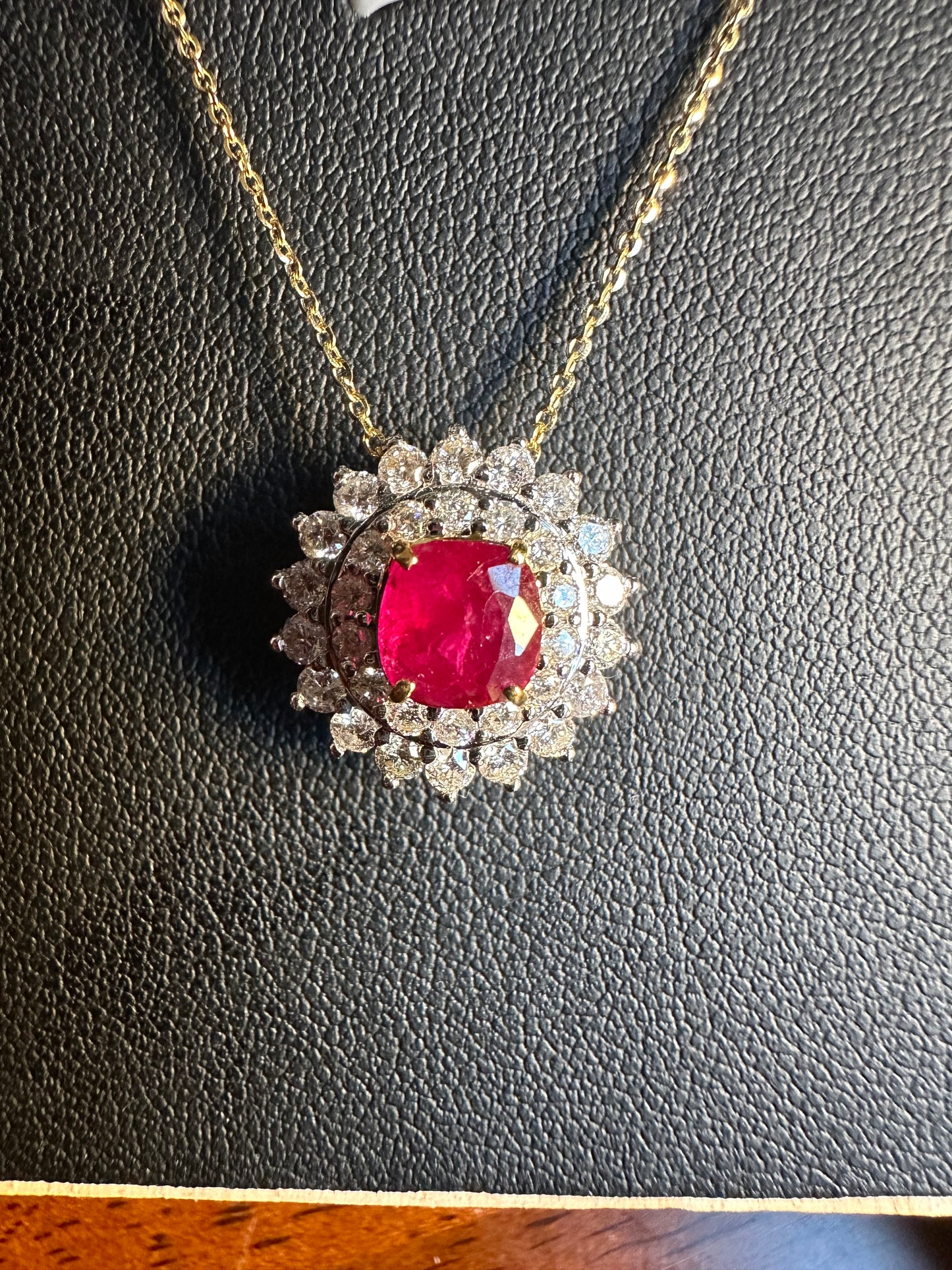 Two Halo Brilliance: Natural Diamonds & Natural Unheated Burmese Ruby (1CT) Pendant with Solid Gold Chain