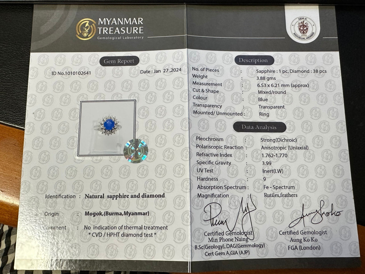 1.63 CT Natural Unheated Burmese Sapphire and natural Diamond Ring