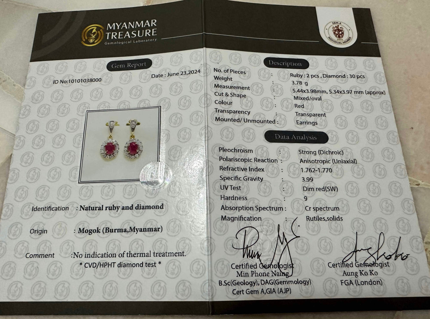 Teardrop style Natural unheated Burmese ruby and natural diamond earrings in 20K solid gold