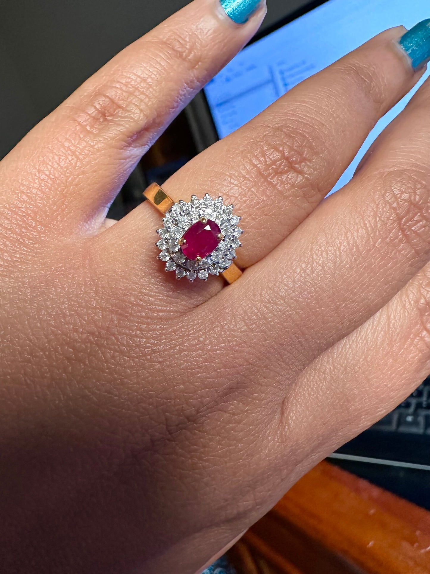 Burmese Natural Unheated Ruby and Natural Diamonds Ring in 20K Solid Gold