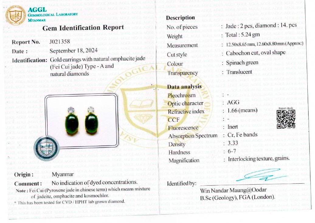 Elegant Earrings in Natural Unheated Burmese Jadeite Jade(Type A) (6.02CT) with Natural Diamonds and 18K Solid Gold.