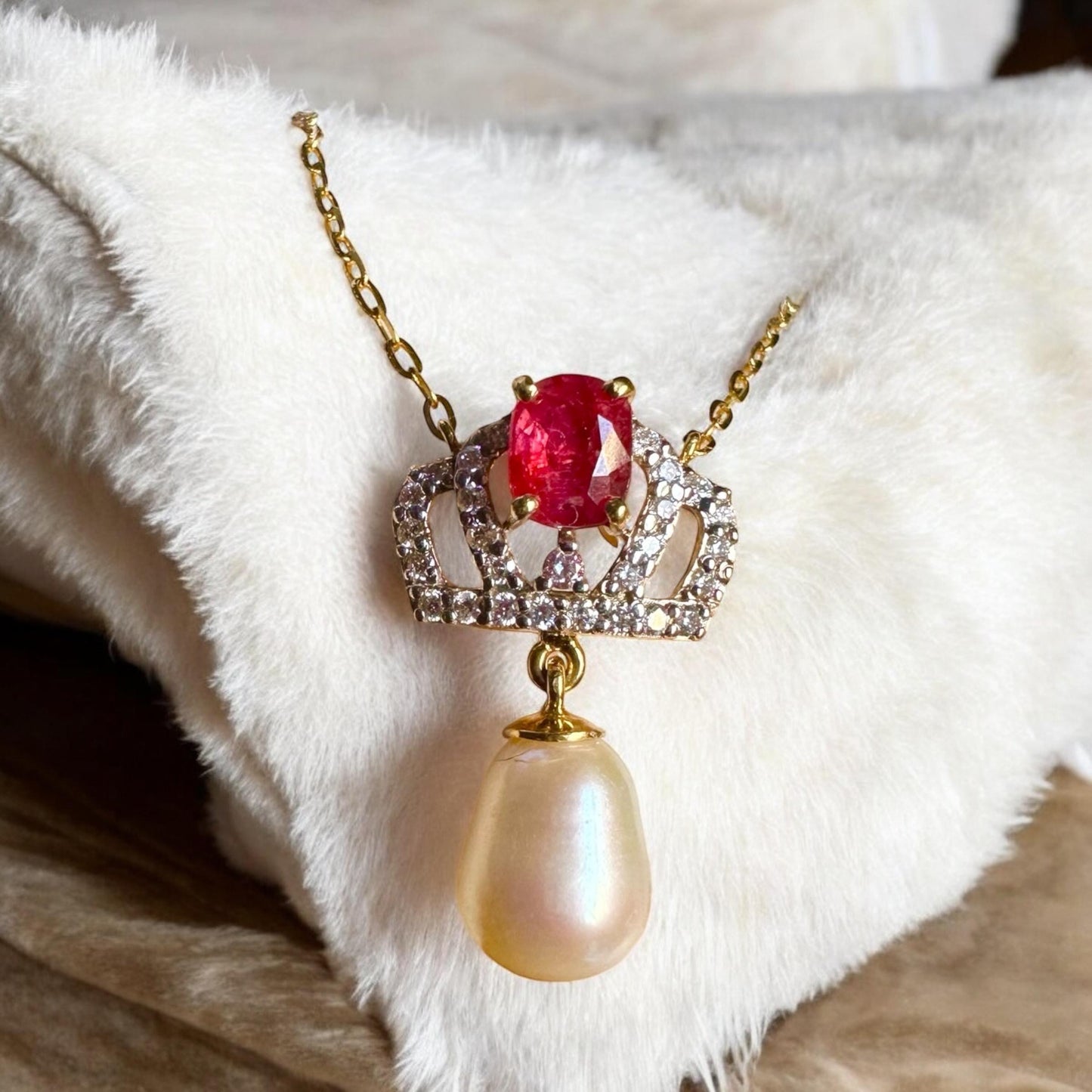 Pendant featuring a combination of Natural Unheated Ruby, South Sea Cultured Pearl and Natural Diamonds in 18K Solid Gold.