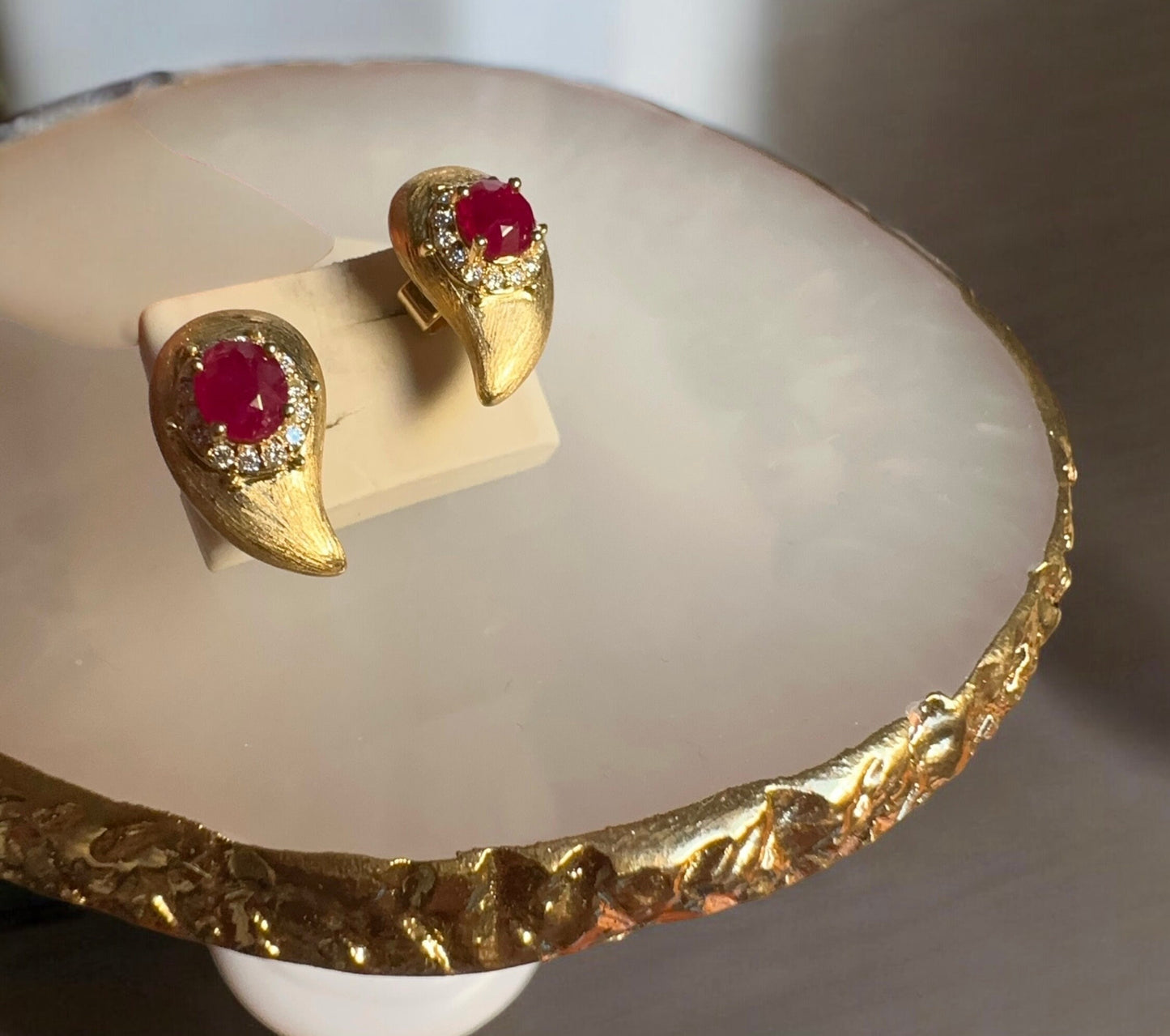 Vintage Style Natural Unheated Burmese Ruby (1.18CT) and Natural Diamonds Earrings in 18K Solid Yellow Gold