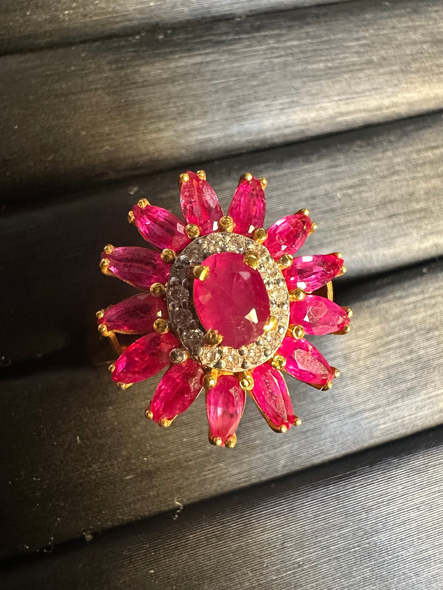 Vintage Sunflower Design Burmese Natural Unheated Ruby (2.65CT) and Diamonds Ring in 20K Solid Gold