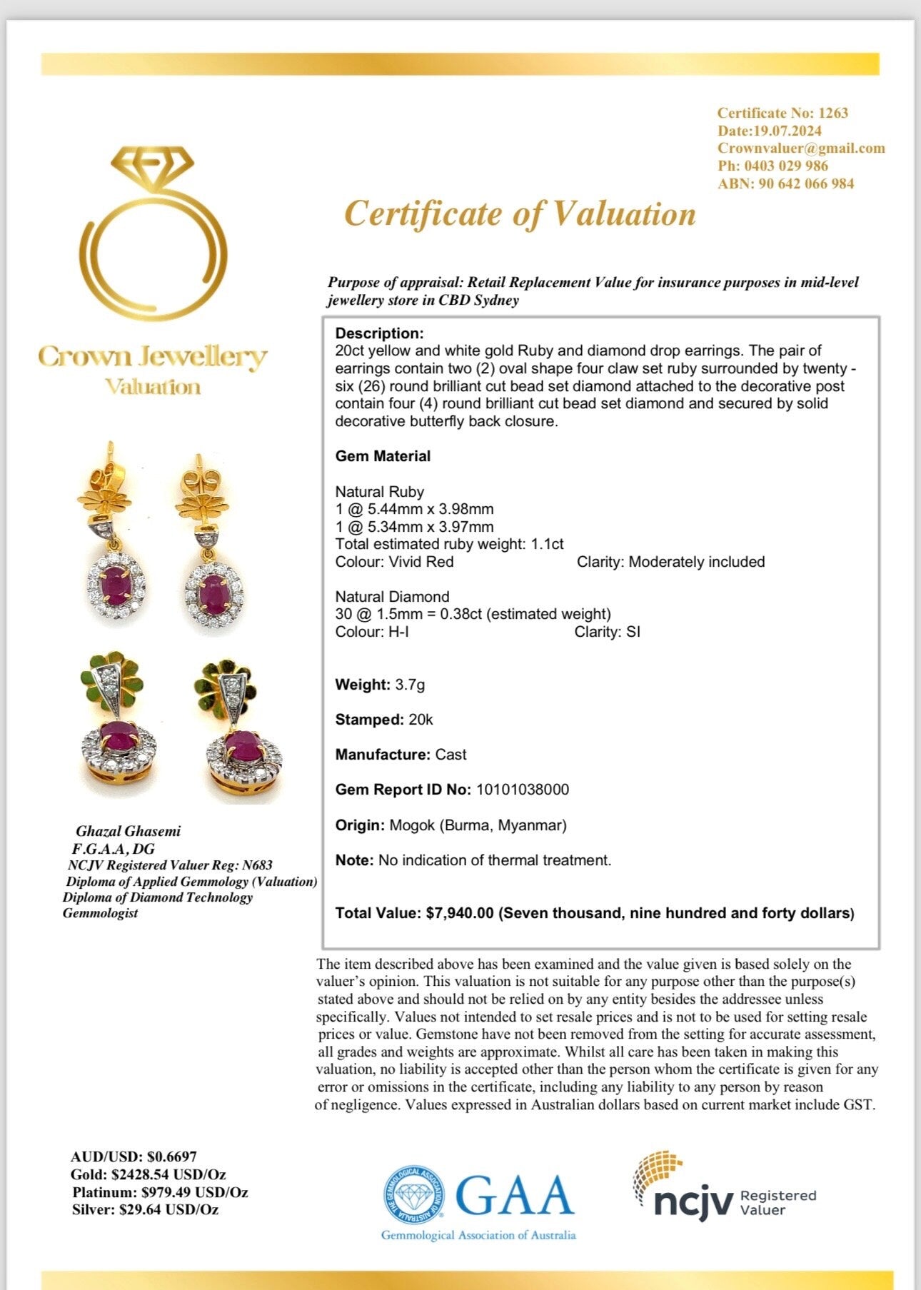 Stunning Earring & Necklace Set -Featuring Natural Unheated Burmese Ruby and Natural Diamond Earrings in 20K Solid Gold.