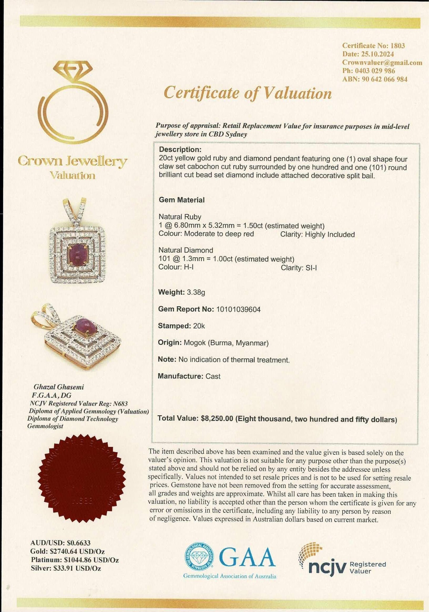 Natural Unheated Cabochon Burma Ruby (1.5CT) and Natural Diamonds in 20K Solid Gold Pendant