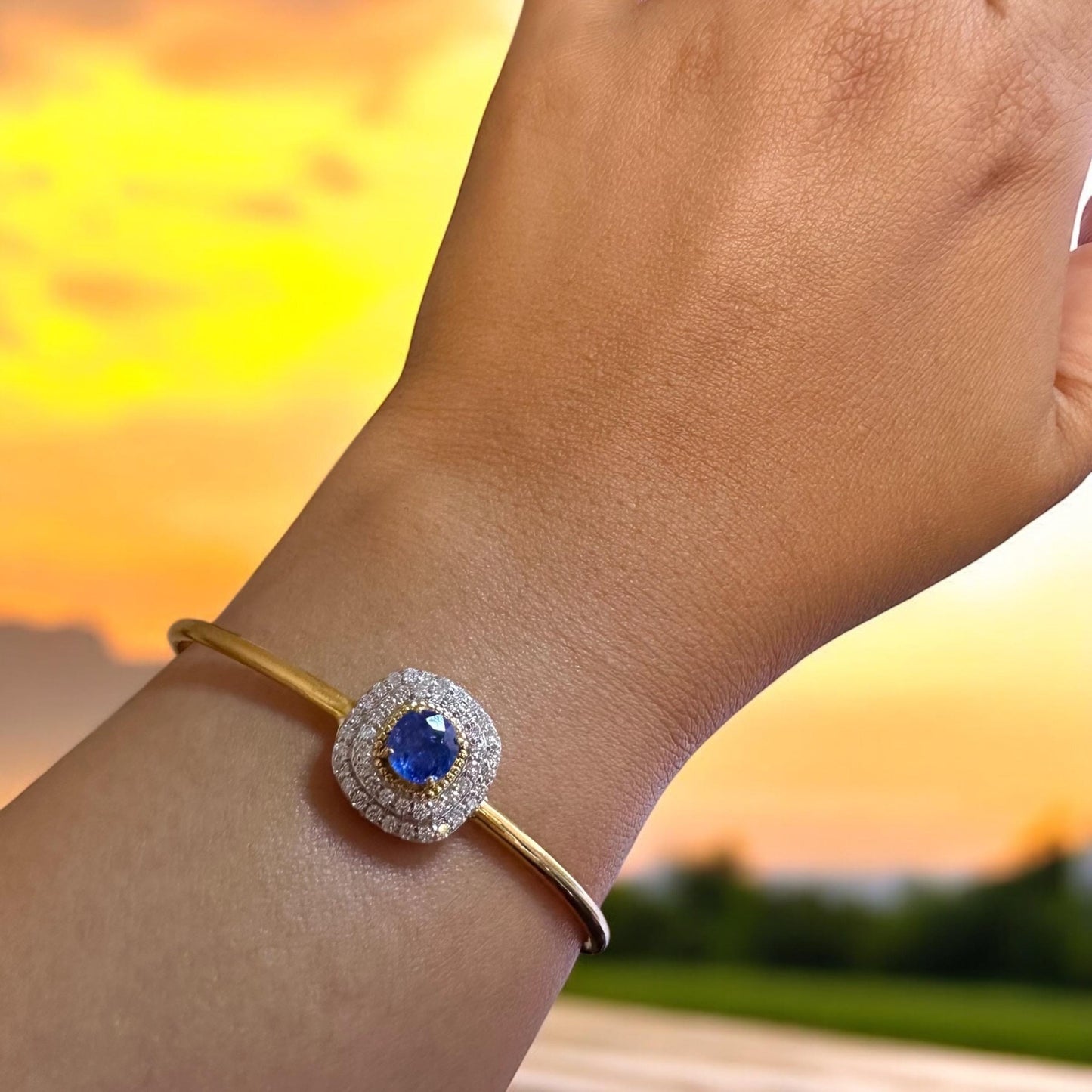 Natural Unheated Burmese Sapphire and Natural Diamonds Bangle in 18K Solid Gold