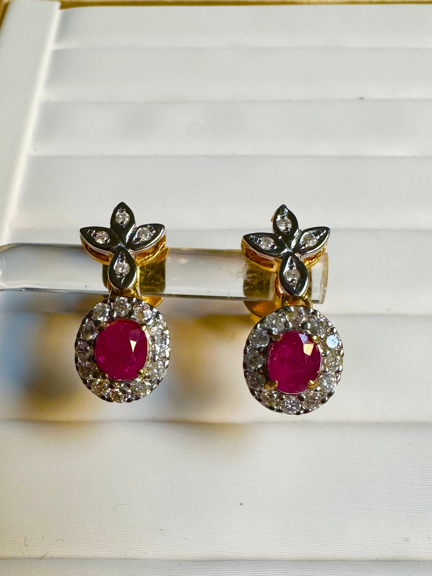 Natural unheated Burmese rubies (1.55CT) and natural diamond drop earrings in 20K solid gold