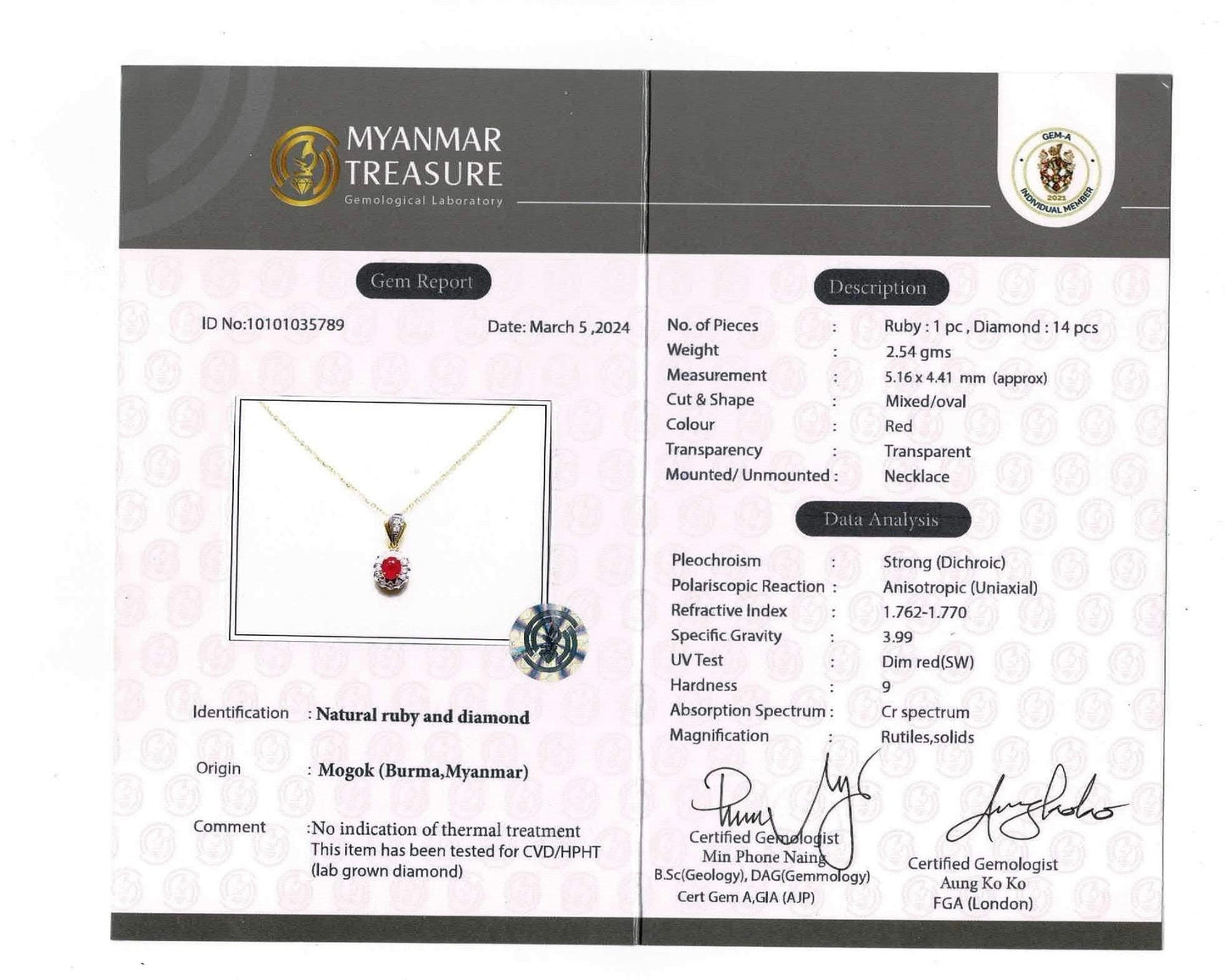 Burmese Unheated Ruby and Natural Diamonds Necklace in 20K Solid Gold