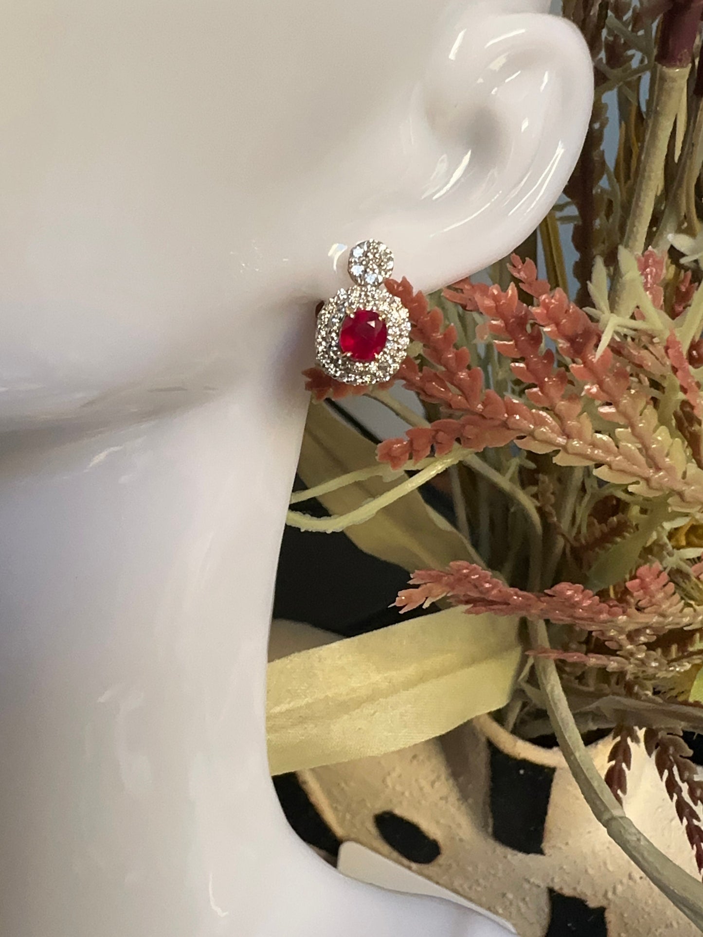 Two-step Burmese natural unheated ruby and natural diamond earrings in 18K solid gold