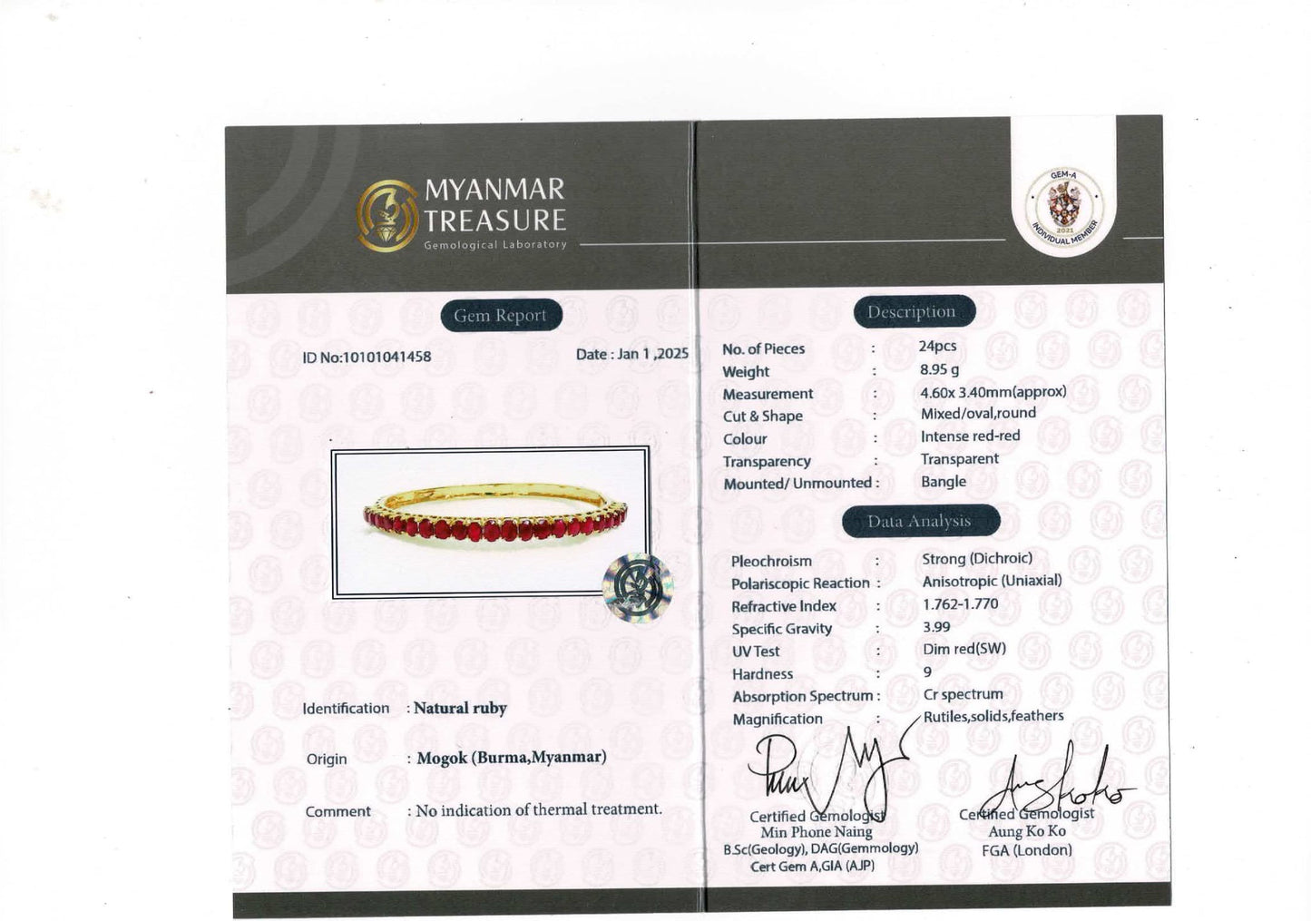 Natural Unheated Burmese Rubies (8.25CT) Bangle in 20K Solid Gold