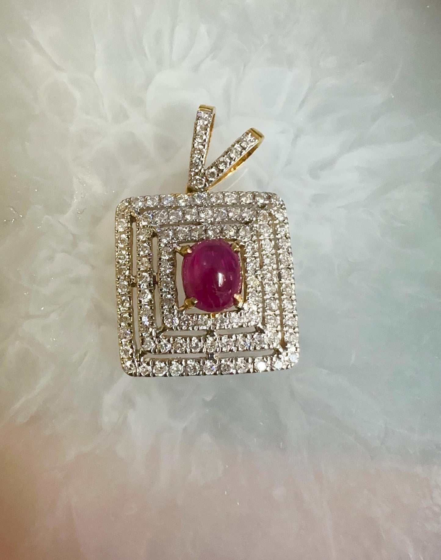 Natural Unheated Cabochon Burma Ruby (1.5CT) and Natural Diamonds in 20K Solid Gold Pendant