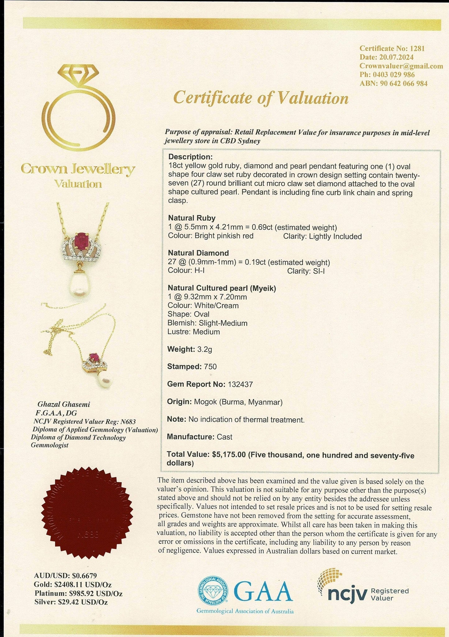Pendant featuring a combination of Natural Unheated Ruby, South Sea Cultured Pearl and Natural Diamonds in 18K Solid Gold.