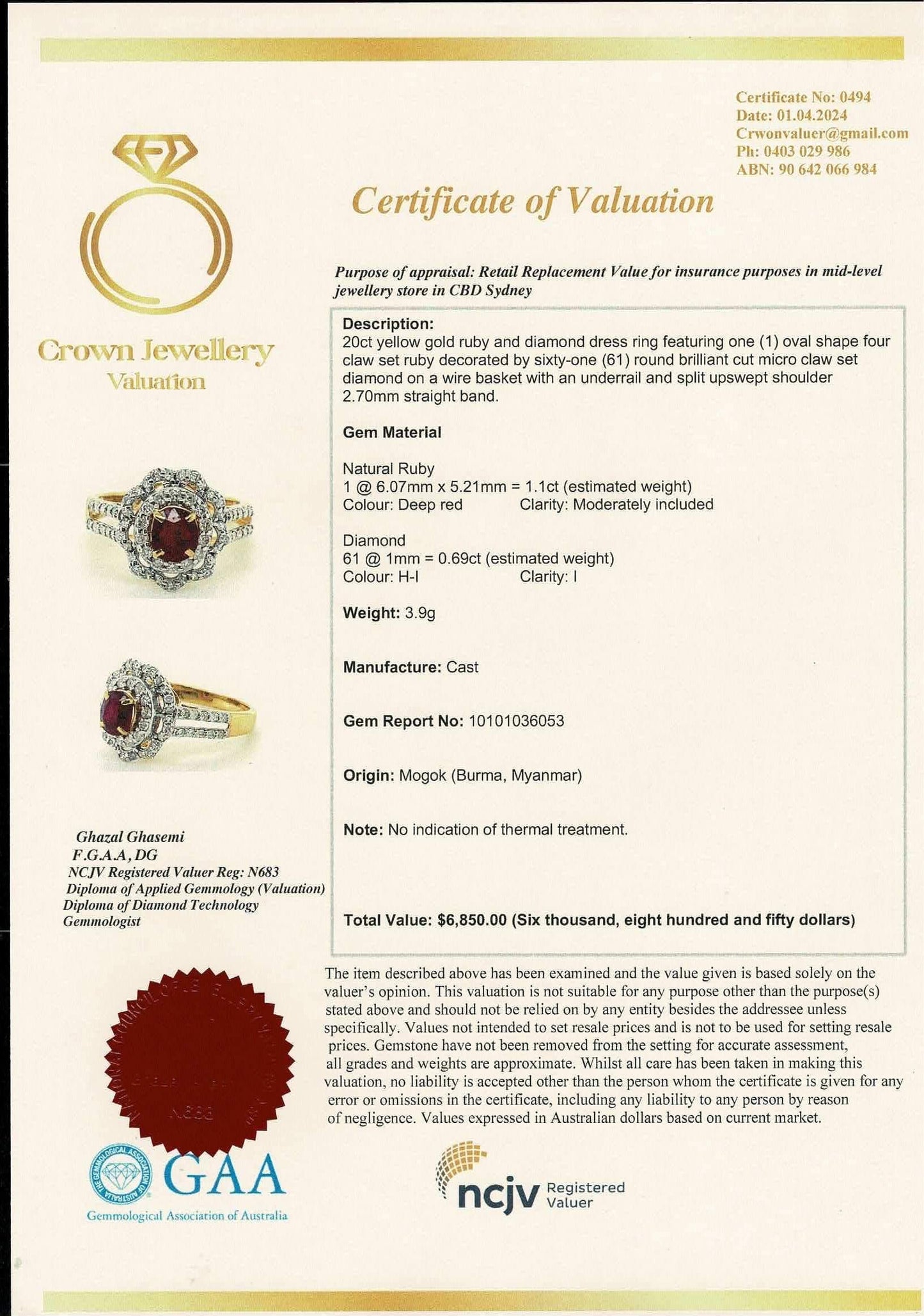 Beautiful Blood Red colour Natural Unheated Burmese Ruby (1.1CT) with Natural Diamonds Ring