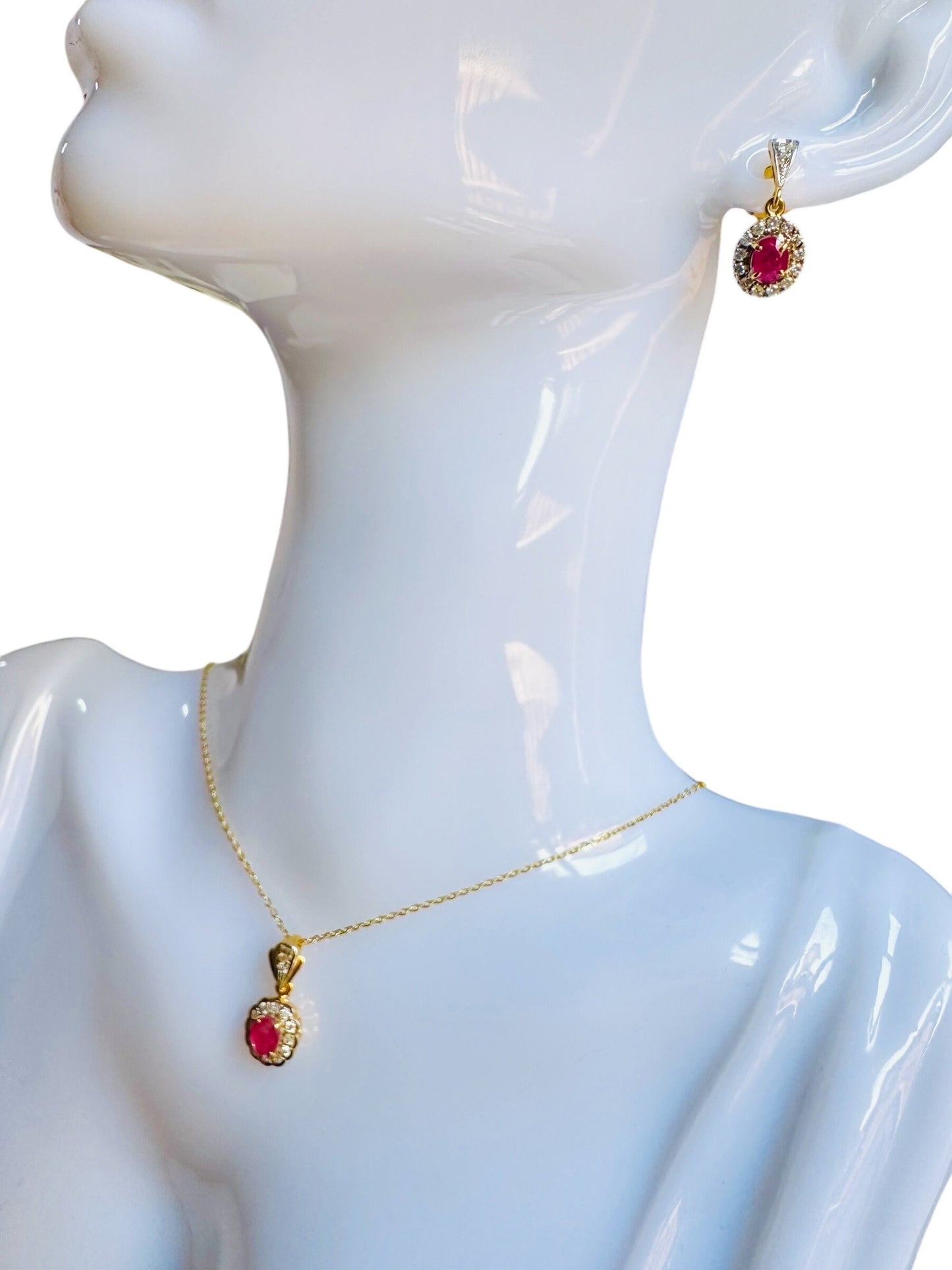 Stunning Earring & Necklace Set -Featuring Natural Unheated Burmese Ruby and Natural Diamond Earrings in 20K Solid Gold.