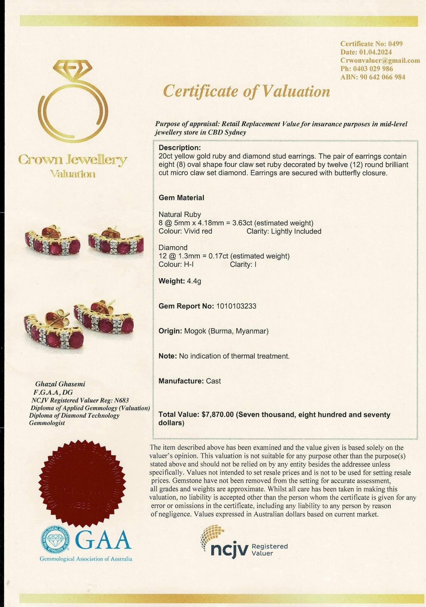 Total 3.63CT Burmese Unheated Rubies and Natural Diamonds Stud Earrings in 20K Solid Gold