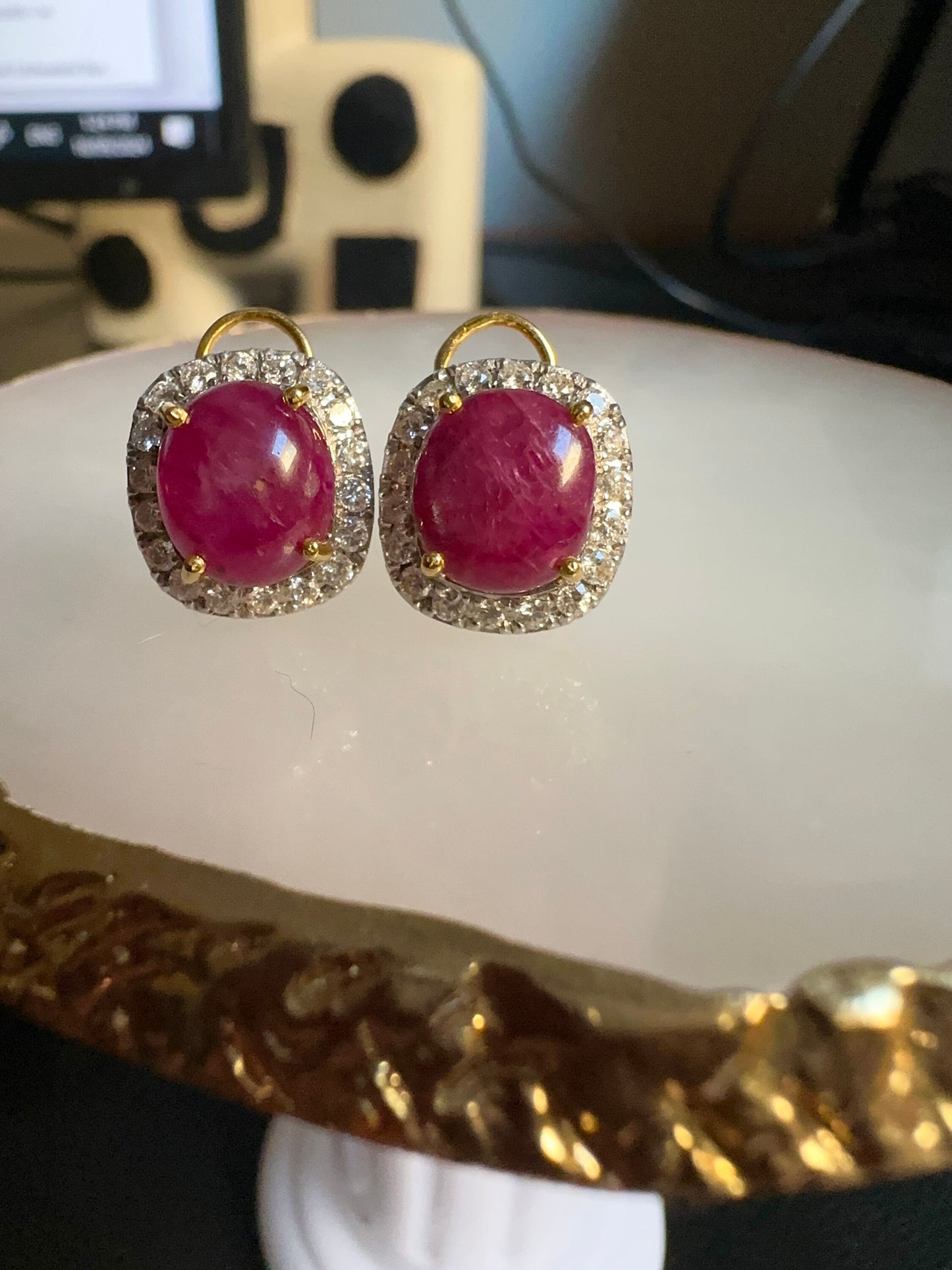 Oversized Natural Unheated Star Ruby (7.77CT) Earrings with Natural Diamonds in 20K Gold