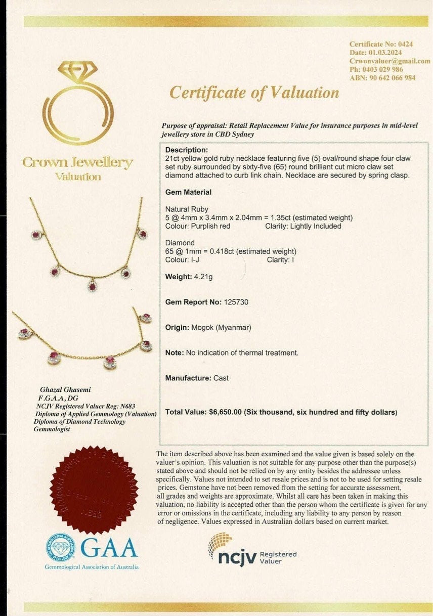 Total 1.35 CT Natural Unheated Burmese (5)Rubies and Genuine Diamonds with 21K gold necklace