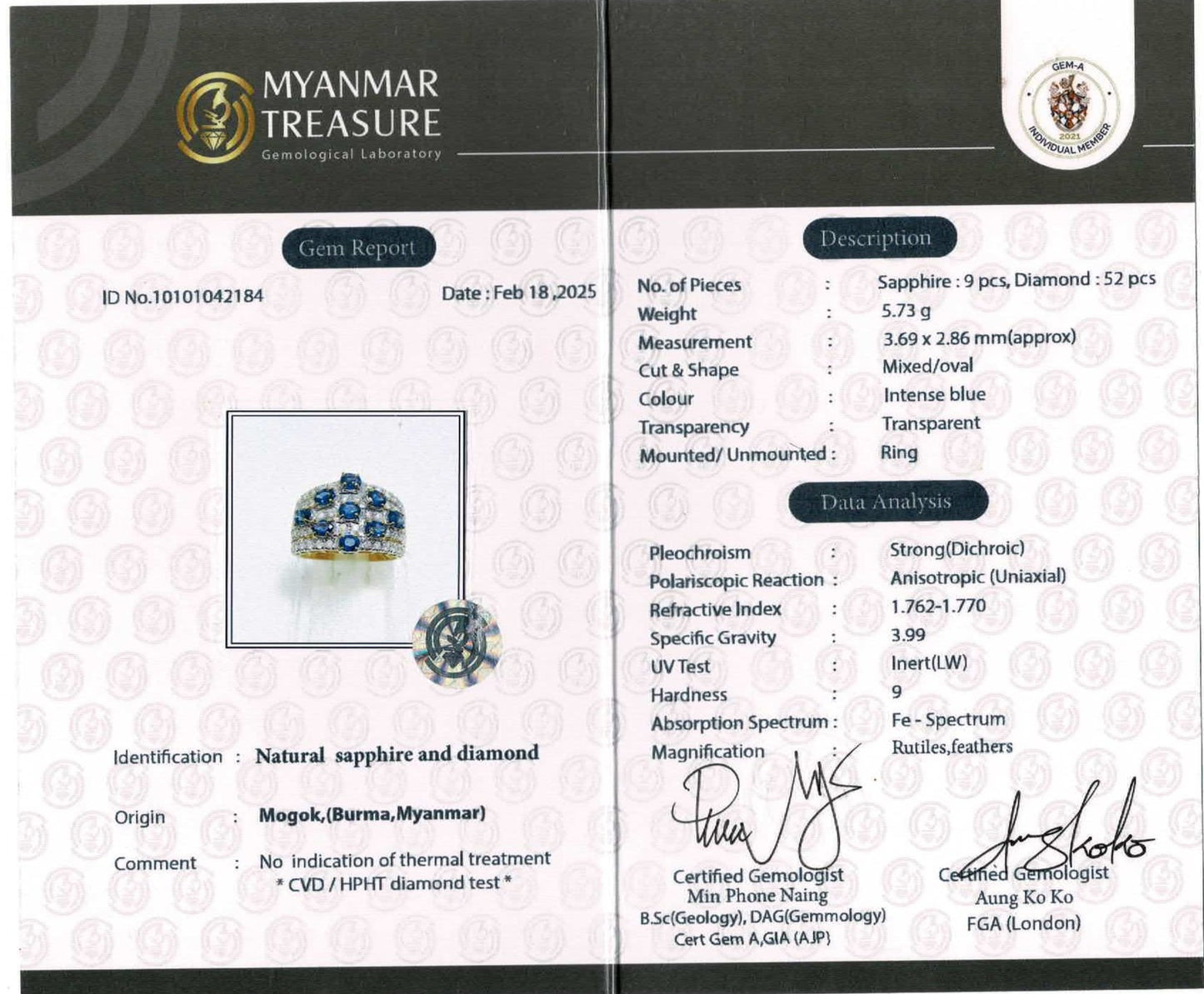 Unisex Natural Diamonds and Natural Unheated Sapphires (2CT) Ring in 20K Solid Gold