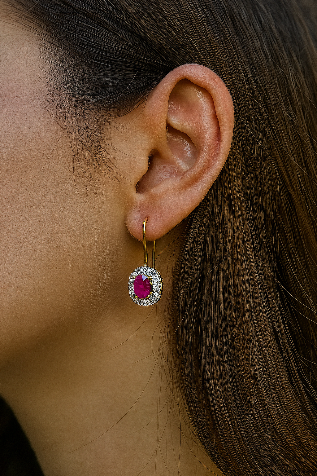 Natural unheated Burmese rubies (1.5CT) and natural diamond drop earrings in 20K solid gold