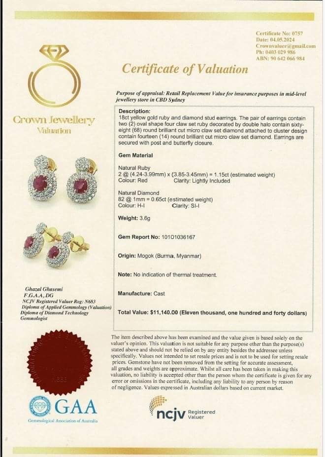 Two-step Burmese natural unheated ruby and natural diamond earrings in 18K solid gold