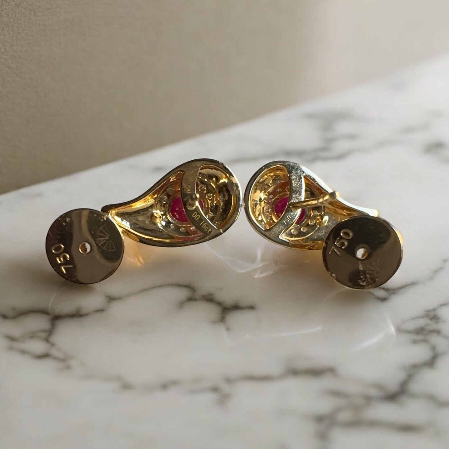 Vintage Style Natural Unheated Burmese Ruby (1.18CT) and Natural Diamonds Earrings in 18K Solid Yellow Gold